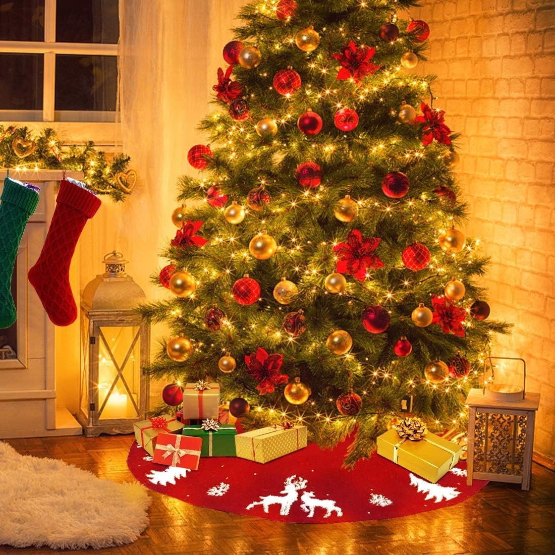 LOMOHOO Tree Skirt 36 inches Knitted Christmas Tree Skirts Red 3D Elk Knit Thick Rustic Tree Skirts Xmas Holiday Ornaments Indoor Outdoor Christmas Decoration