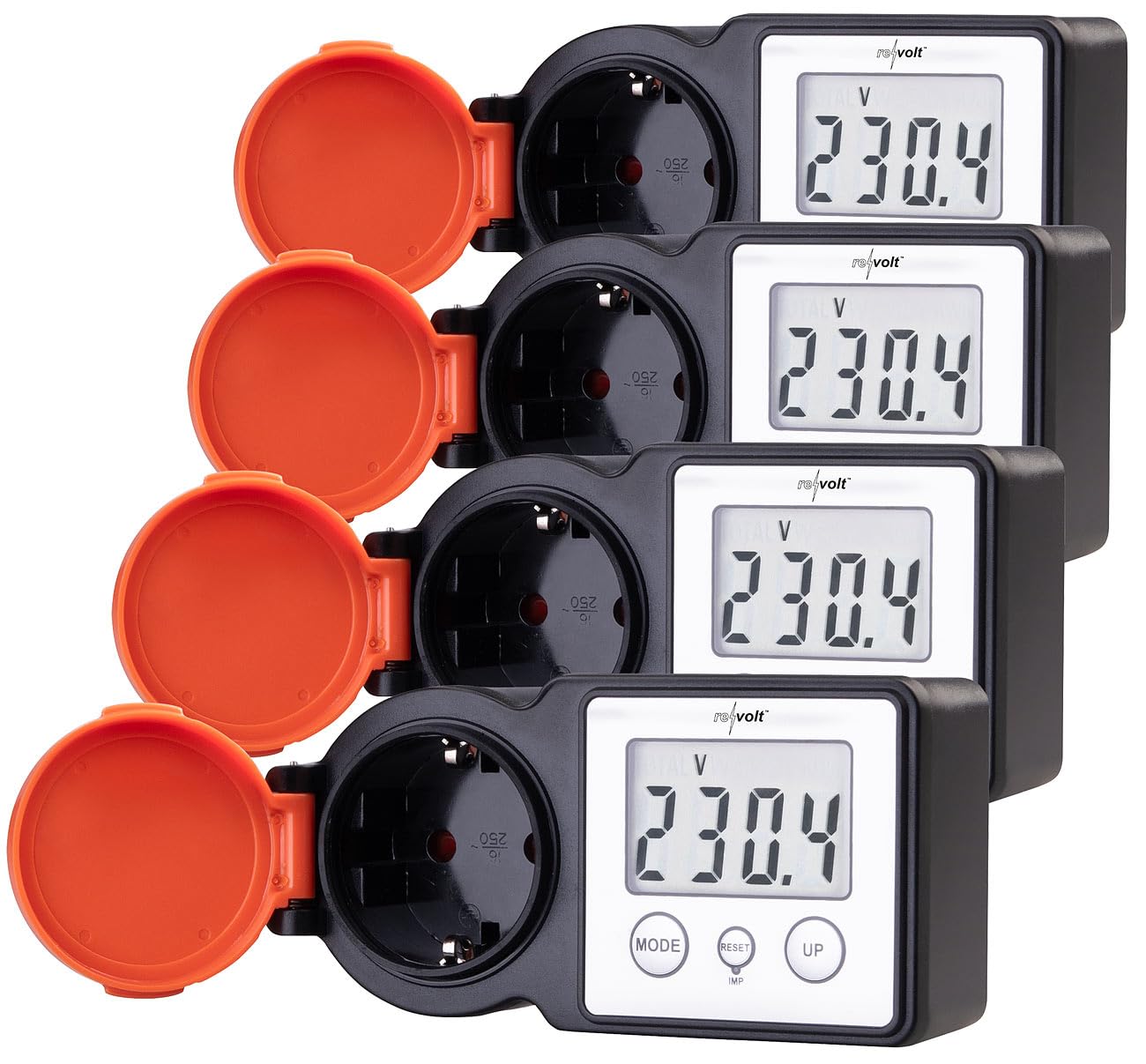 revolt Außenstrom-Messgerät: 4er-Set Outdoor-Energiekostenmesser und Stromverbrauchszähler, 3.680 W (Stromzähler Steckdose deutsch, Leistungsmesser Wattmeter, Solar Lichterkette)