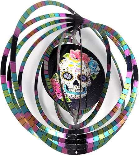 Bicaco Whirligig 3D Wind Spinner pintado a mano de acero inoxidable Twister Skull Face Flowers (6.5 pulgadas, multicolor).