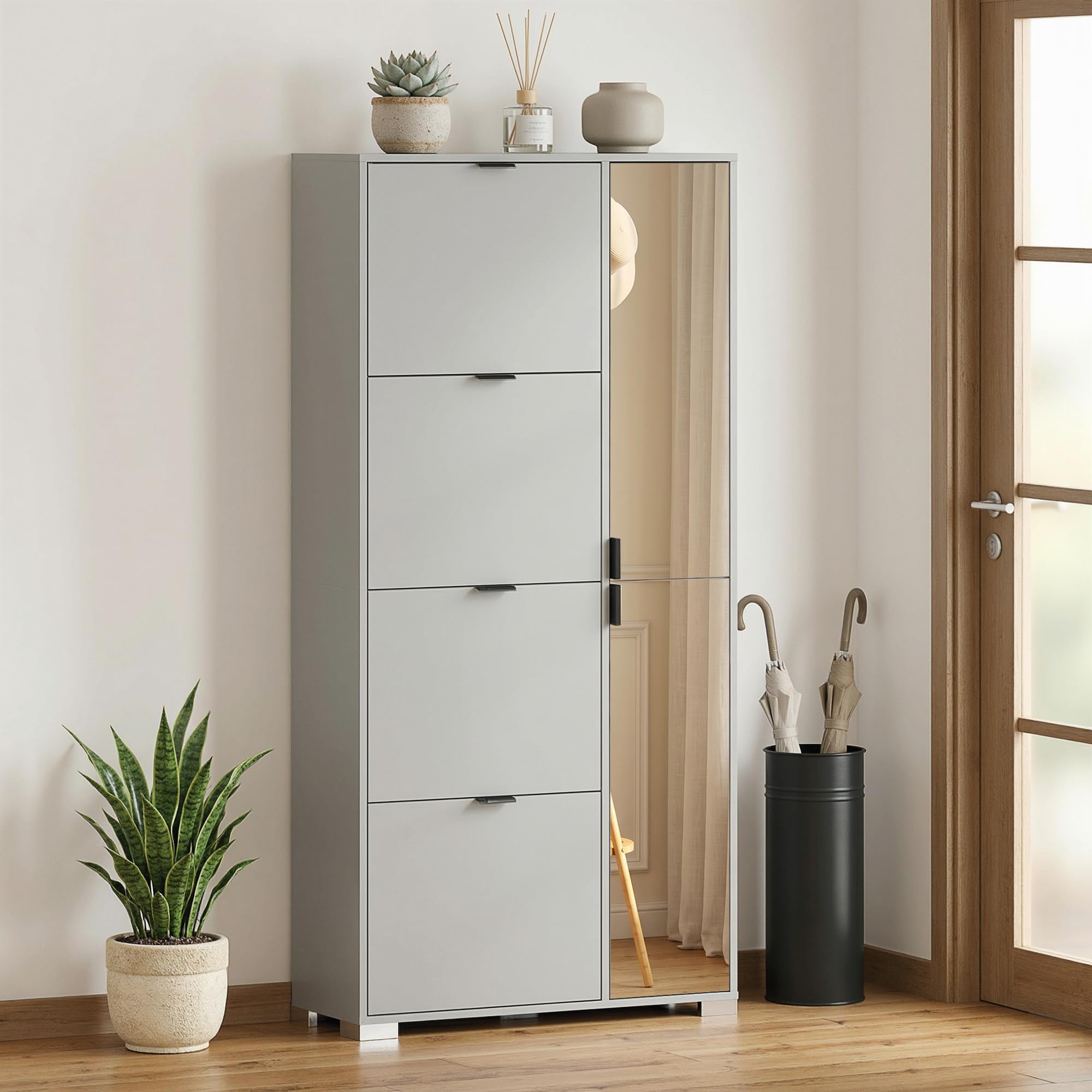 HOMCOM Scarpiera Salvaspazio Slim Alta con 2 Ante a Specchio e 4 Ante a Ribalta, Scarpiera Ingresso con Ripiani Regolabili, 2 Armadietti, 5 Gambe, Porta Scarpe per 16 Paia, 82x30x168 cm, Grigio