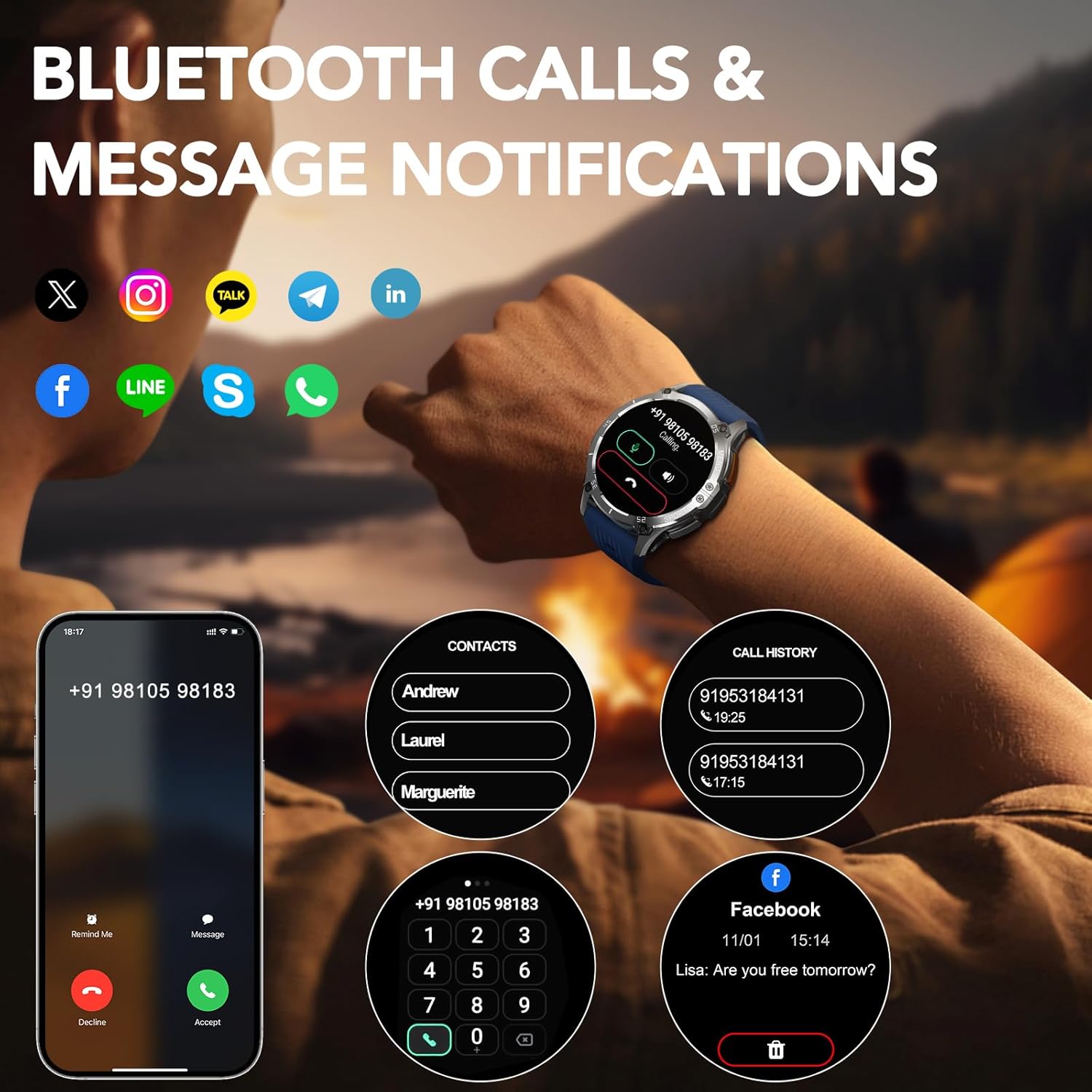MEGALITH X8 Smartwatch displaying Bluetooth call interface and message notifications from various apps