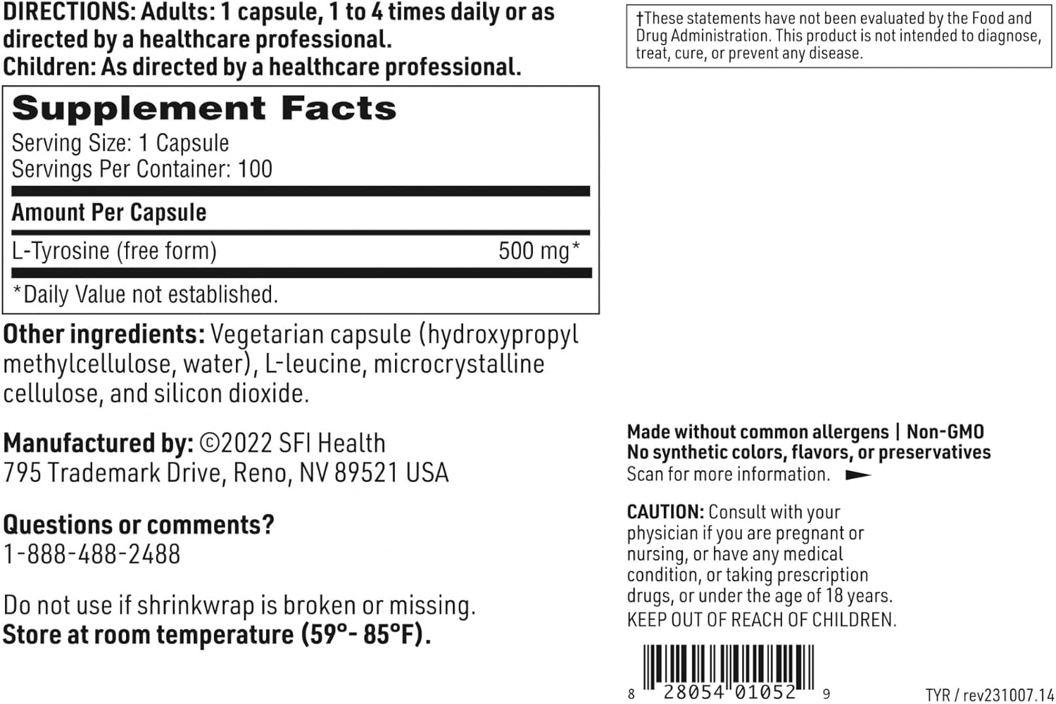 Klaire Labs SFI Health L-Tyrosine - 500 Milligrams Hypoallergenic & Free Form Amino Acid Dopamine Precursor, Supports Healthy Stress Response (100 Capsules)