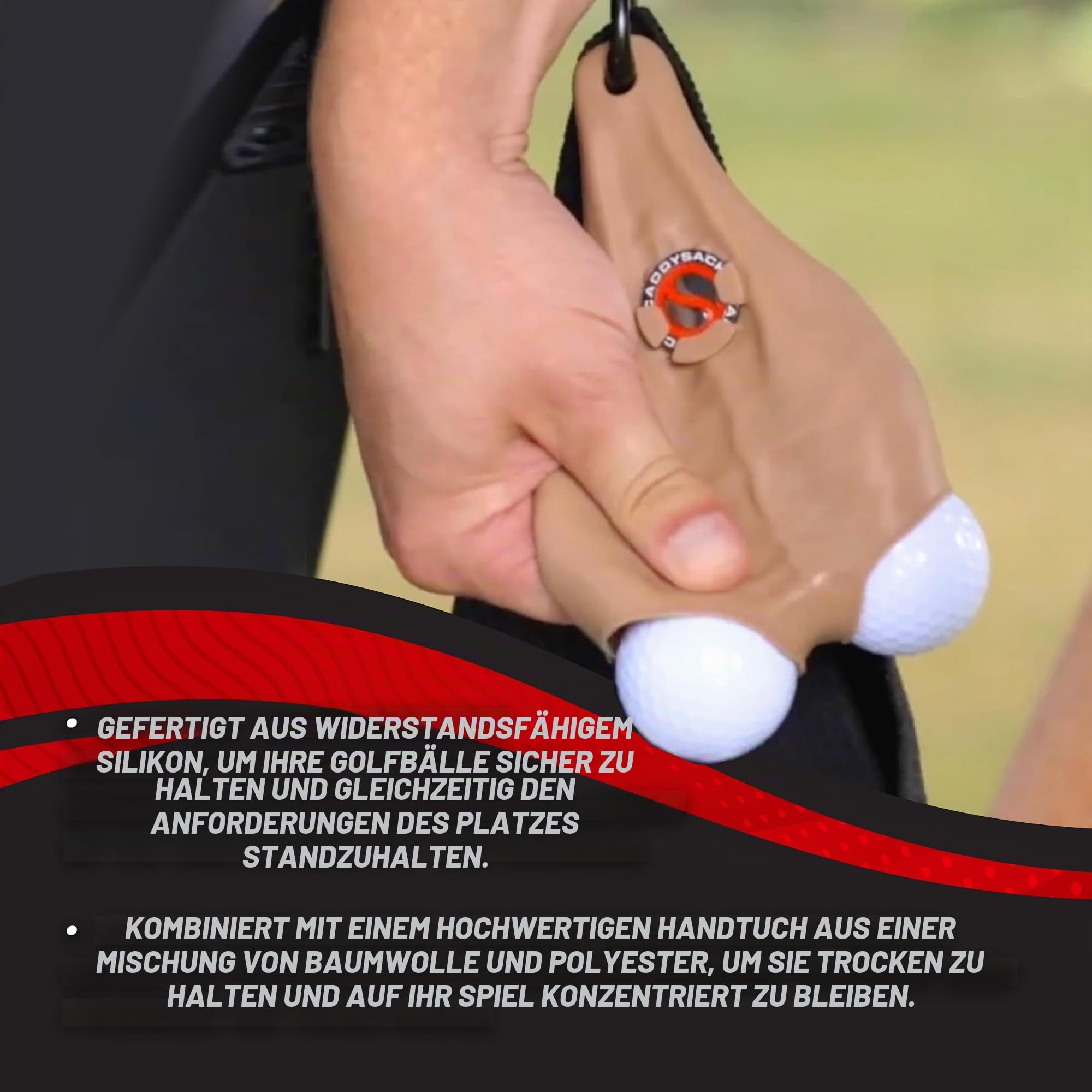 CADDYSACK Golfballhalter und Spender mit Golf-Handtuch, 2 Golfbälle, Golfballmarker, Karabiner, Geschenkbox – lässt Sich leicht an Golftasche, Gürtel oder Wagen befestigen – lustiges und funktionales