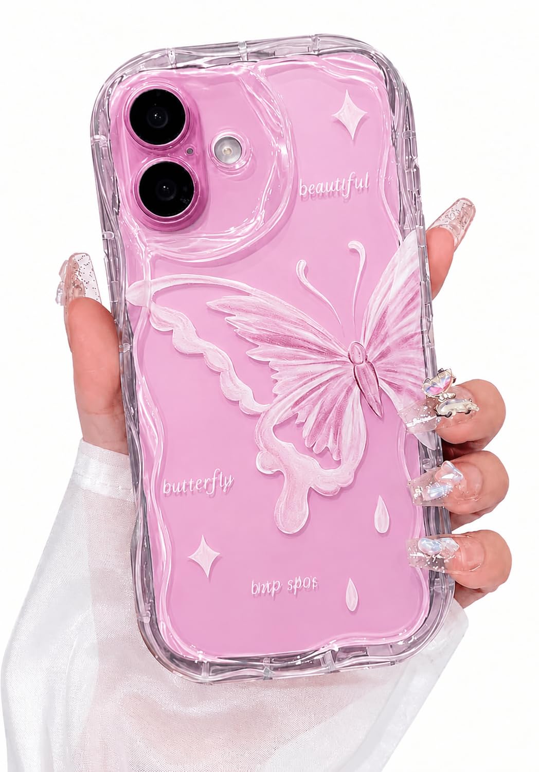 VONZEE Cute Pink Butterfly Transparent Back Cover for iPhone 16| Clear Shockproof TPU Protective Case | Slim Anti-Yellowing Crystal Clear Phone Cover for Girls and Women