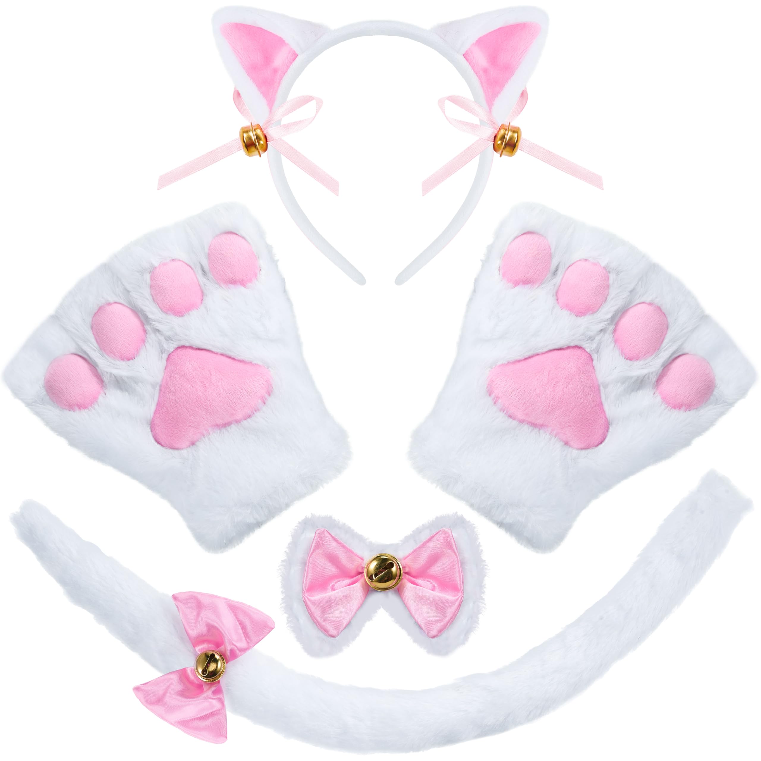 Spooktacular Creations 5 Pcs Kitten White Kitty Cat Costume Accessories with Cat Ears Headband, Paws Gloves, Bow Tie, Tail for Adult, Kids, Cosplay, Halloween Party Dress Up Set