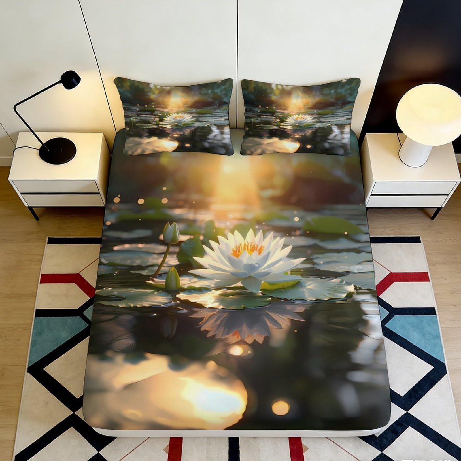 3D Printed Water Lily Pond Fitted Sheet Microfiber Slip Resistant Lotus Sunset Mattress Cover for Bedroom Guest Room Decor 90x200x25cm