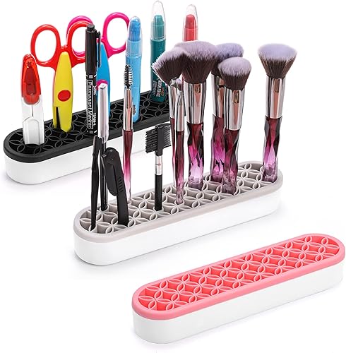Elsjoy Paquete de 3 soportes de silicona para brochas de maquillaje, organizador de cosméticos de escritorio, soporte para bolígrafos, soporte para