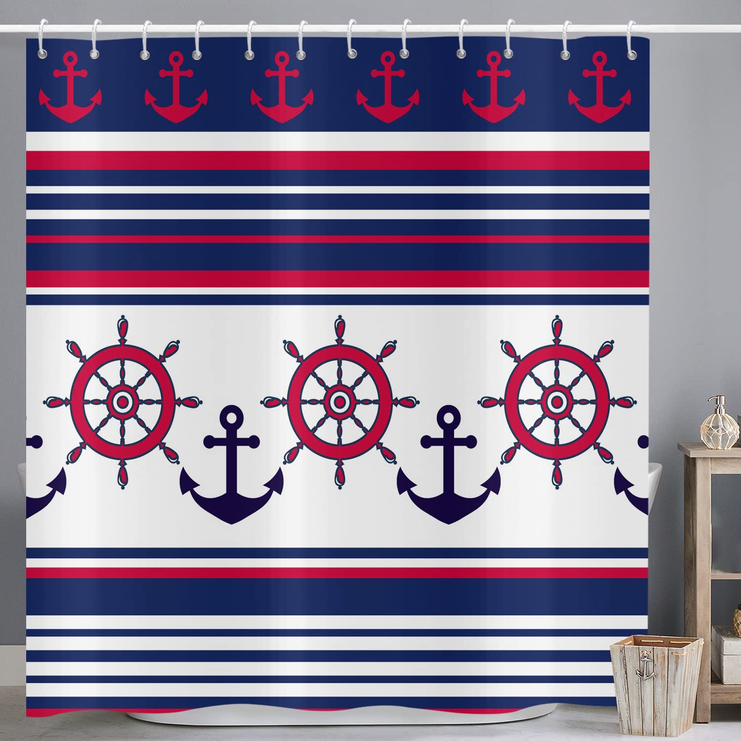 ASDCXZ Shower Curtain Anchor 90x180 cm, Navy Blue Red White Stripes Maritime Nautical Anchor Rudder Washable Shower Curtains Polyester Textile Waterproof Shower Curtain for Bathtub with 6 Hooks โ image 1