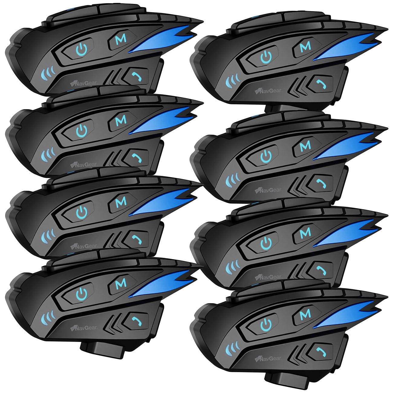 NavGear Motorrad-Helm-Headset: 8er-Set Motorrad-Intercom-Systeme für bis zu 8 Personen, 2.000 m (Halbhelm-BT-Headset, Kommunikationssysteme)