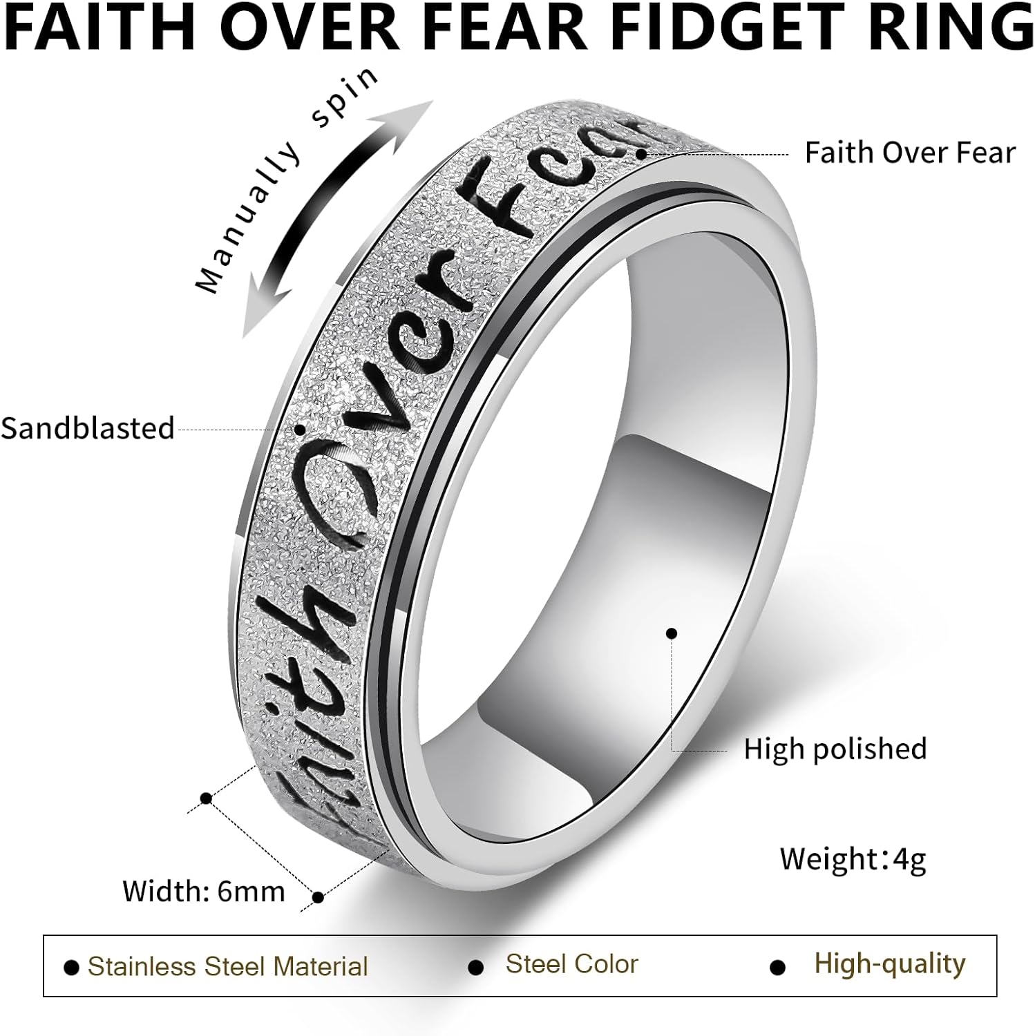 Fidget Spinner Ring for Women - Faith Over Fear Stainless Steel Anxiety Relief Rings for Adults, Christian Inspirational Hope Thumb Ring for Stress & Focus, Jewelry Gift for Women Men - Image 7