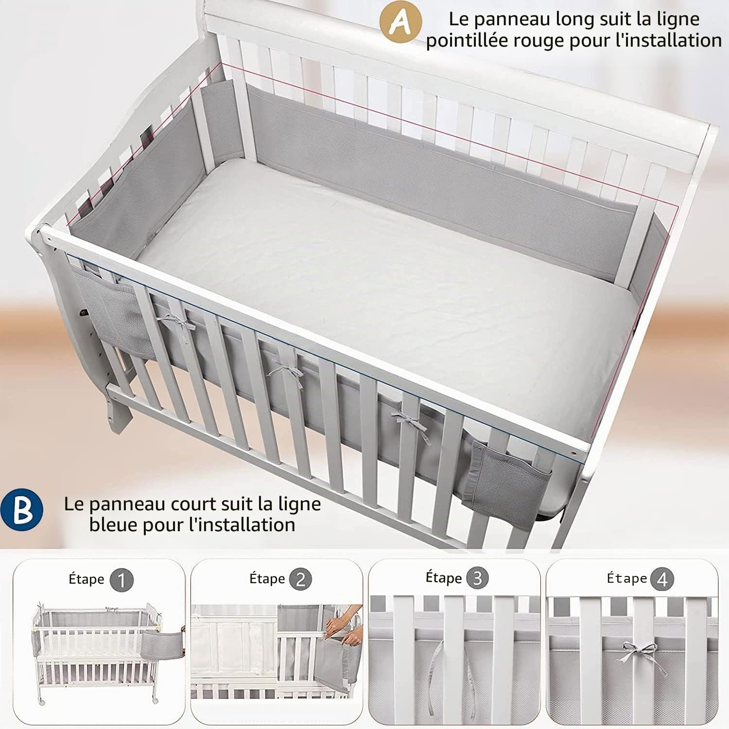 Tours de Lit Bébé,Tours de Lit en Maille Respirant,Contour de Lit Bébé Respirant,Doublure en Maille 4 Côtés,avec Circulation de l'air Doublure en Maille,pour Enfant Garçon Fille