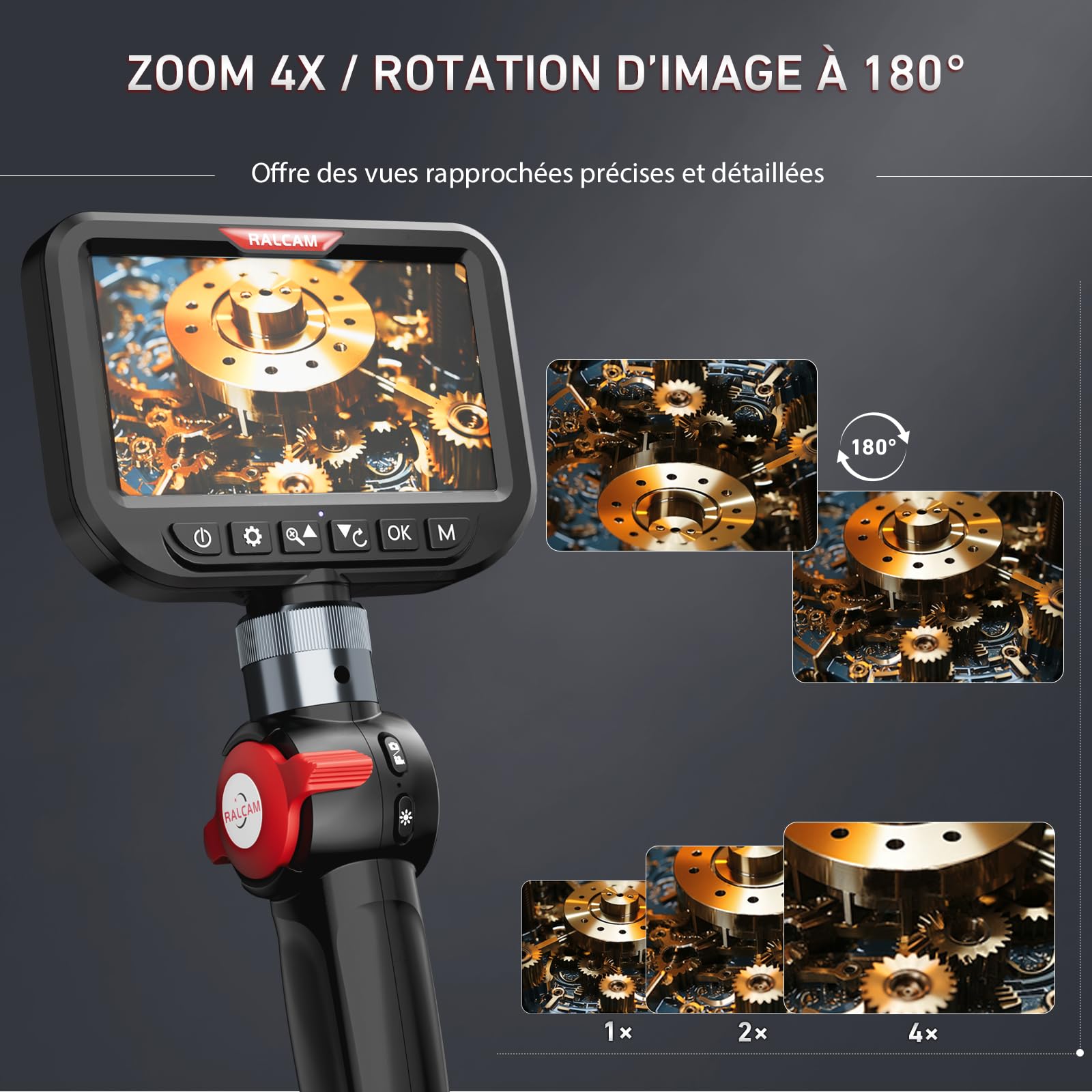 Ralcam Caméra Endoscopique avec Lumière, Tête Rotative à 210°, Sonde 3.9 mm, Écran HD 5", IP67 Étanche, Câble Serpentin en Acier INOX 1,5 m, Caméra d’Inspection pour Voiture, Tuyaux et Maison