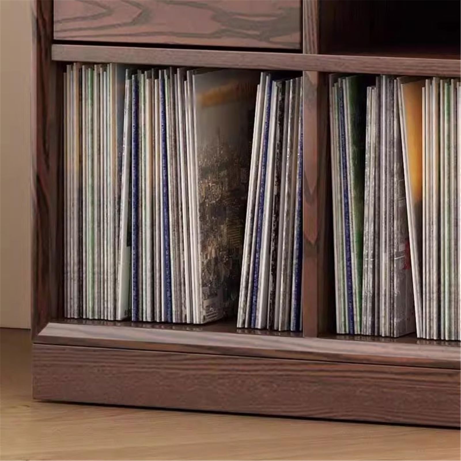Stojak na płyty CD Wielofunkcyjny drewniany stojak na płyty winylowe z szufladą CD, albumy, książki, czasopisma