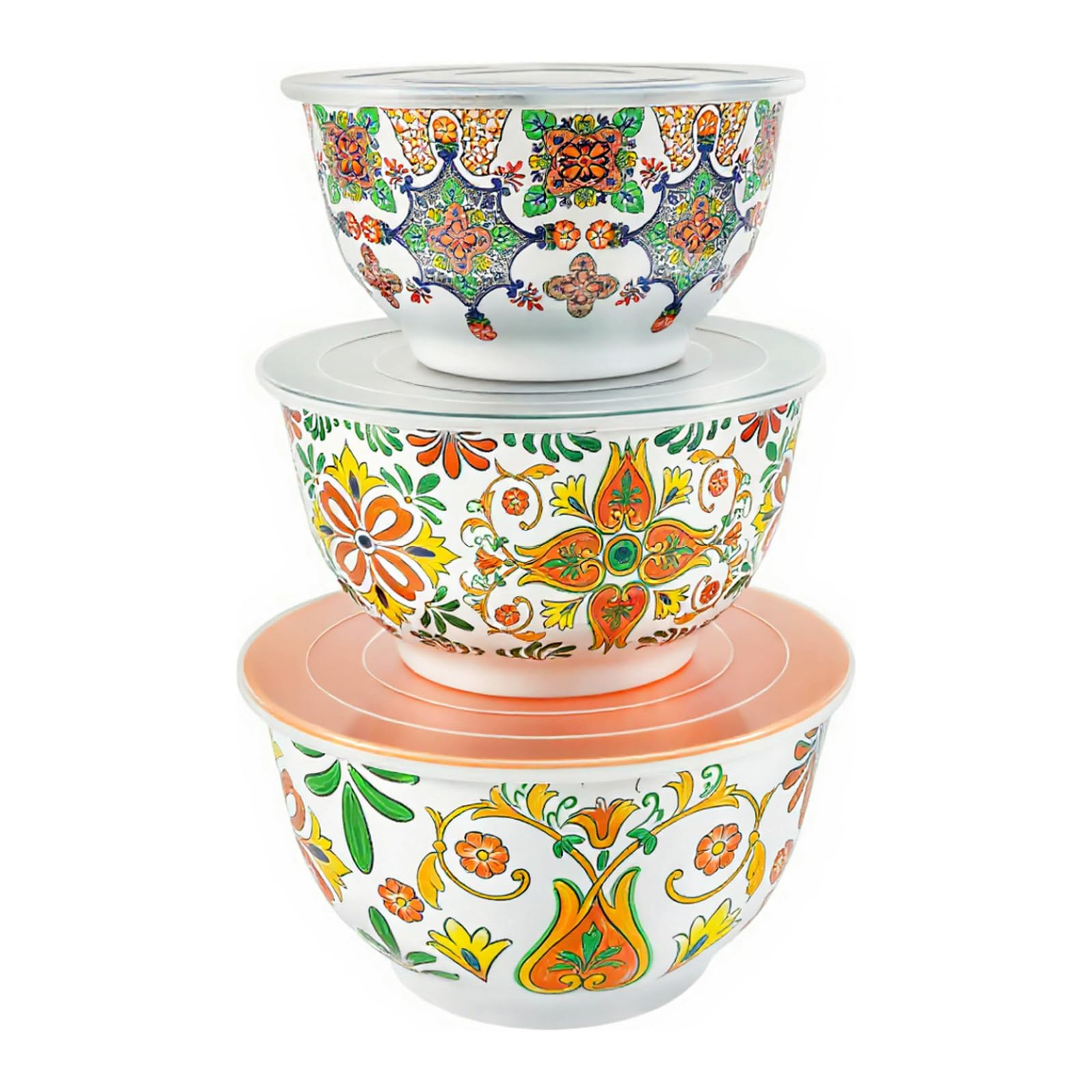 TP Large Mixing Bowl Set with Lids, Melamine Nesting Bowls Set for Pasta Baking Salad Mixing, Set of 3, Aztec Bloom
