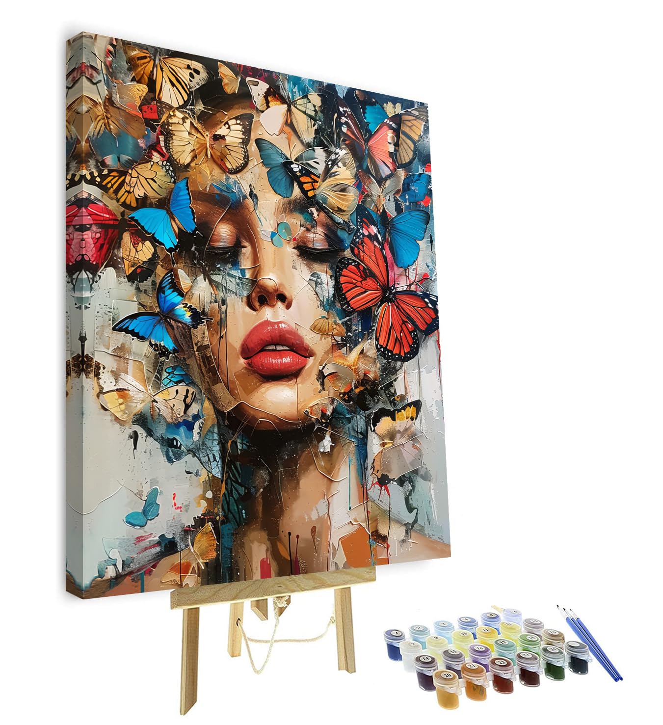 Abstract Girl Paint by Numbers, Beautiful Woman with Butterflies on Her Face Paint by Numbers Kit for Adults Graffiti Girl DIY Paint by Number for Adults Beginners Enthusiasts 16x20inch with Frame