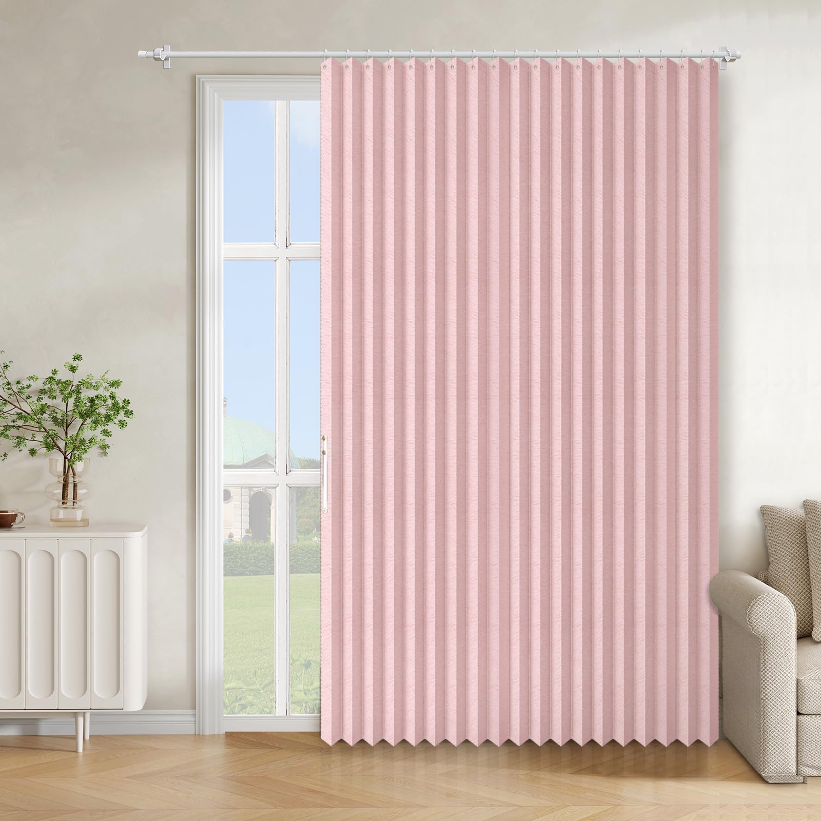 AJAZZ Blackout Accordion Door Curtain 1 Panel 98"x78" Pink - Magnetic Folding Room Divider, No-Drill Sliding Patio Closet