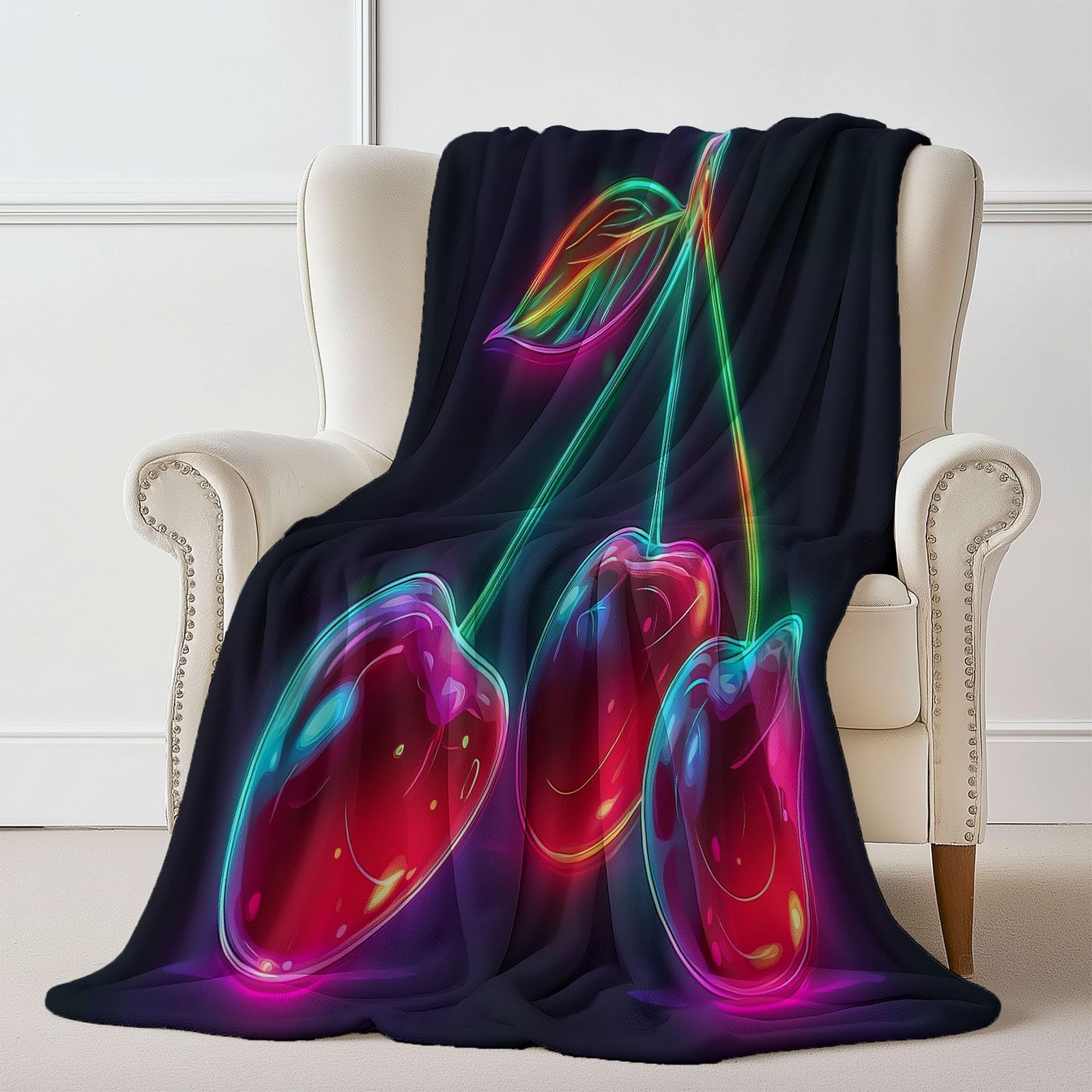 Miękki i przytulny flanelowy koc polarowy 150 x 200 cm - Ciepły pluszowy koc podróżny z nadrukiem z motywem wiśni, dekoracyjna narzuta czarna na sofę i łóżko podróżne