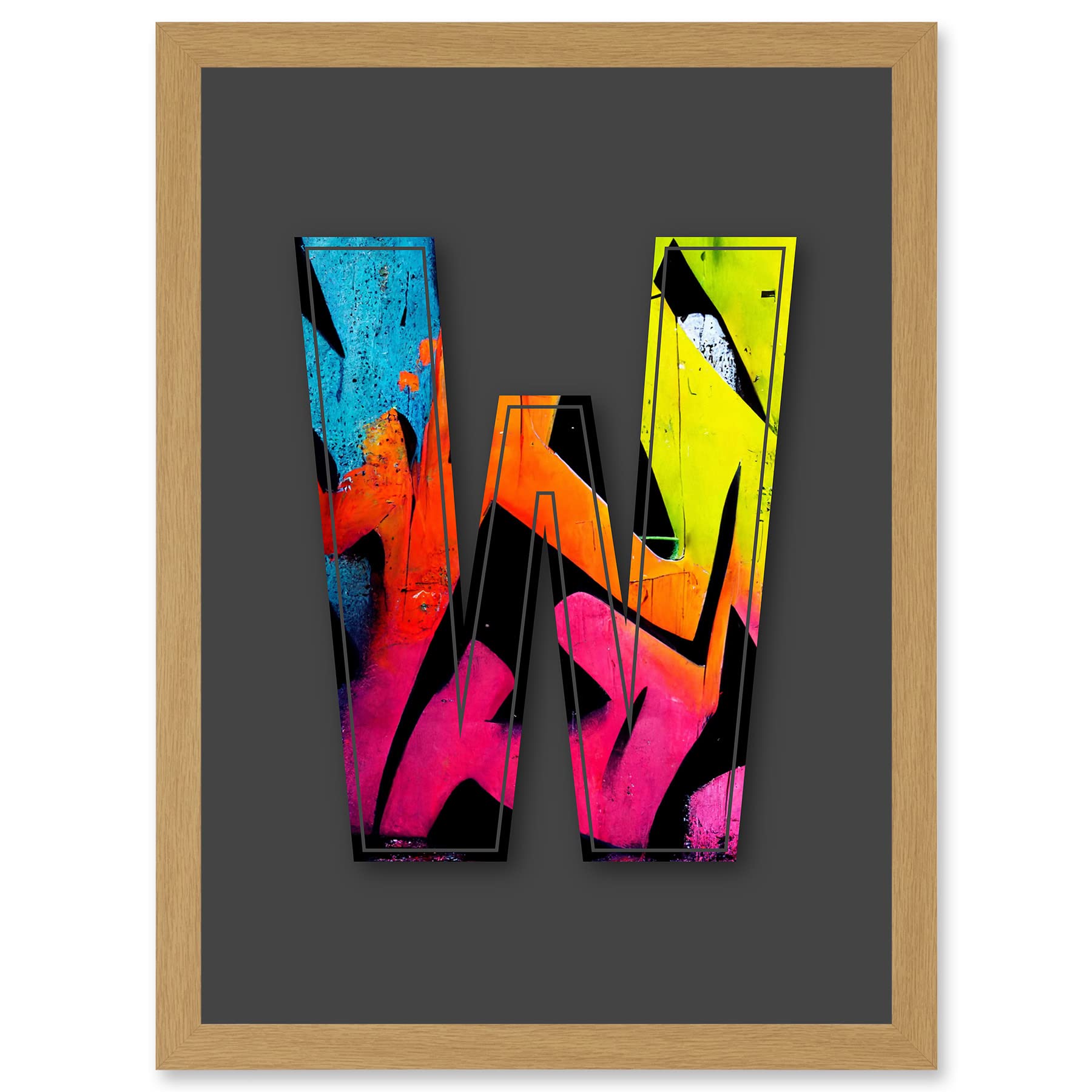 Wee Blue Coo Letter W Tagging Pink Yellow Decorative Graffiti Mural Alphabet Initial Stencil Artwork Framed Wall Art Print A4
