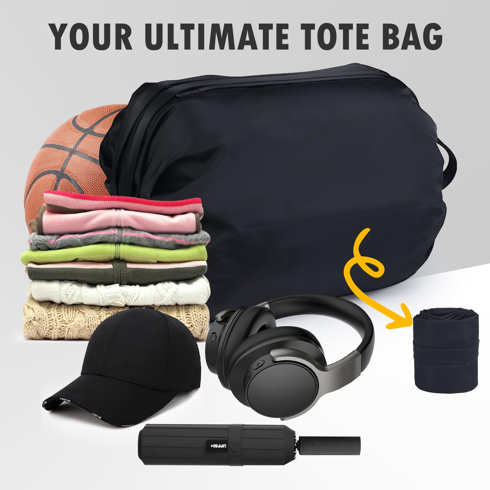 Bolsa de lona grande para artículos esenciales de viaje, bolsas de comestibles reutilizables, plegable, bolsa de viaje portátil, mochila de gimnasio de compras, 35L, Negro clásico, Grande 5