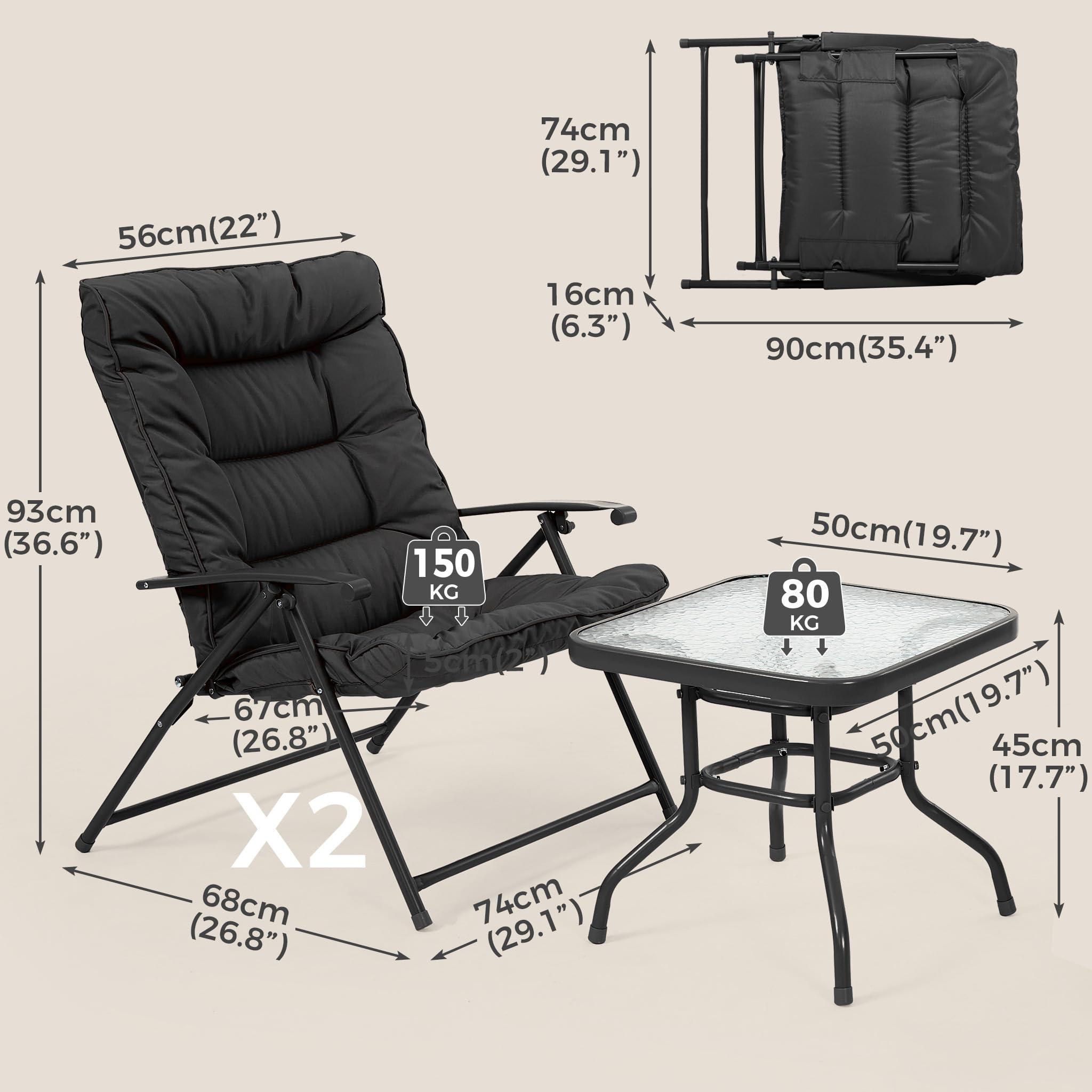 Mondeer Balkonmöbel Set 3 Teilig mit Klappstühlen und Polsterung (Schwarz) | Tisch aus gehärtetem Glas, atmungsaktiv, Klappstühle, Terrassenmöbel-Set für Balkon, Hinterhöfe, Pool