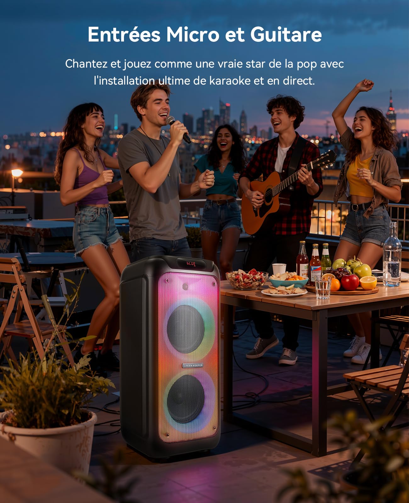 GKD80 Machine de Karaoké pour Adultes avec 2 Microphones UHF Sans Fil, Enceinte Bluetooth de 600W (2 Subwoofers de 8"), Haut‑Parleur Portable pour Fêtes avec Télécommande et Roulettes, Idéal les Fêtes