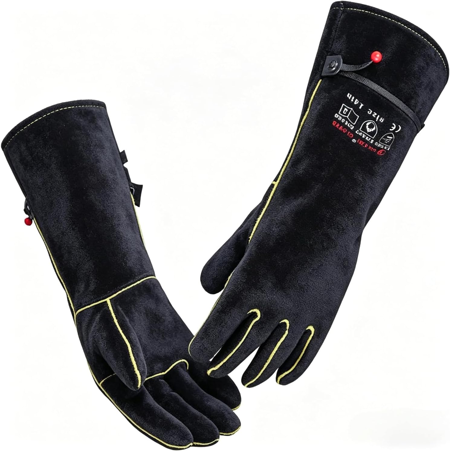 Leather Welding BBQ Fire Gloves, Fireproof Heat-Resistant Long Sleeve Mitts for TIG/MIG, Log Wood Burners, Firefighting, Barbecue, Fireplace, Oven, Stove, Grill, Animal Handling (Black, L)