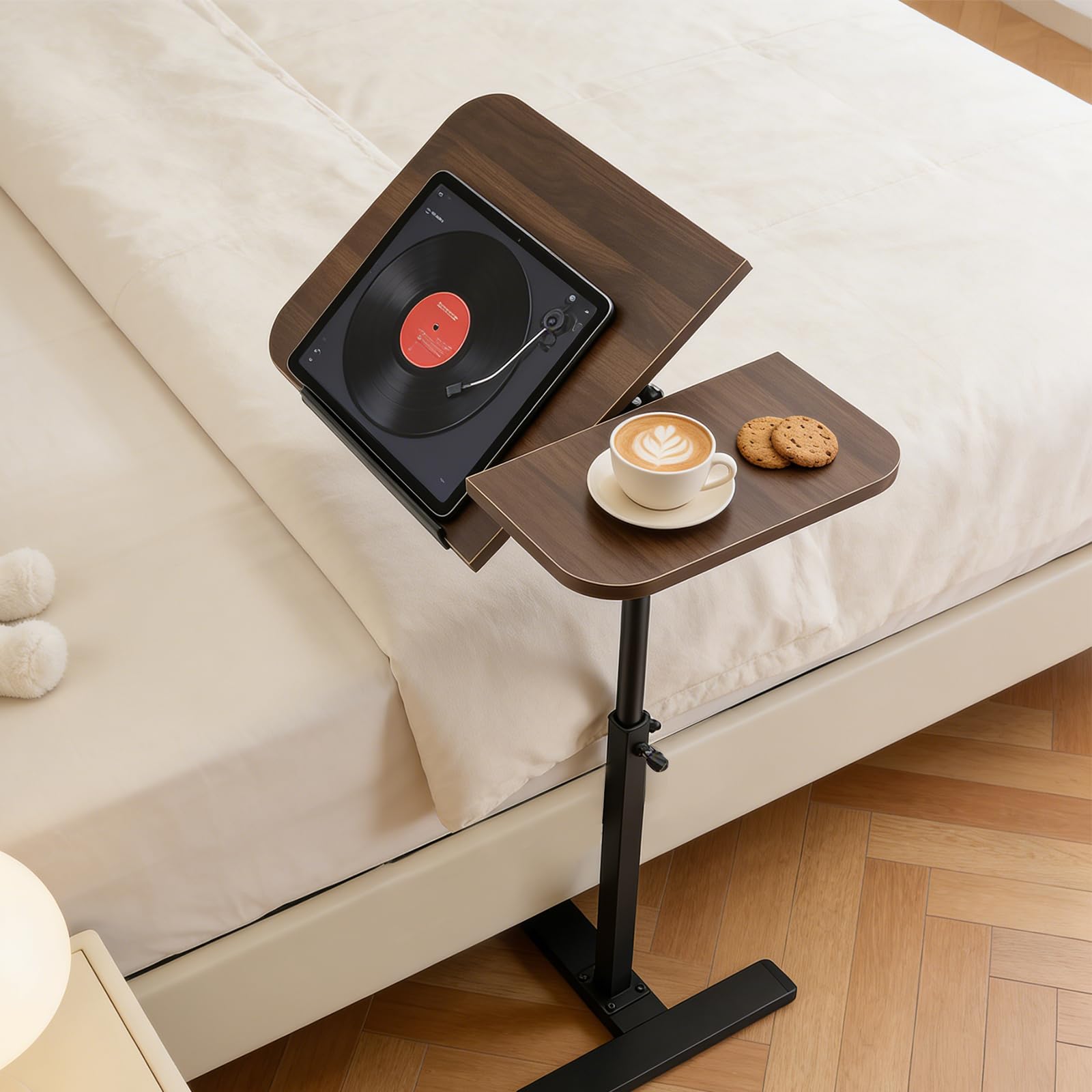 Tavolino a Forma C, Regolabile in Altezza 50-92 cm, Piano di 60 x 40 cm, Tavolo Mobile Girevole 360° in Noce, Tavolino da Divano Tavolino per Computer Portatile per Soggiorno, Camera da Letto, Letto d