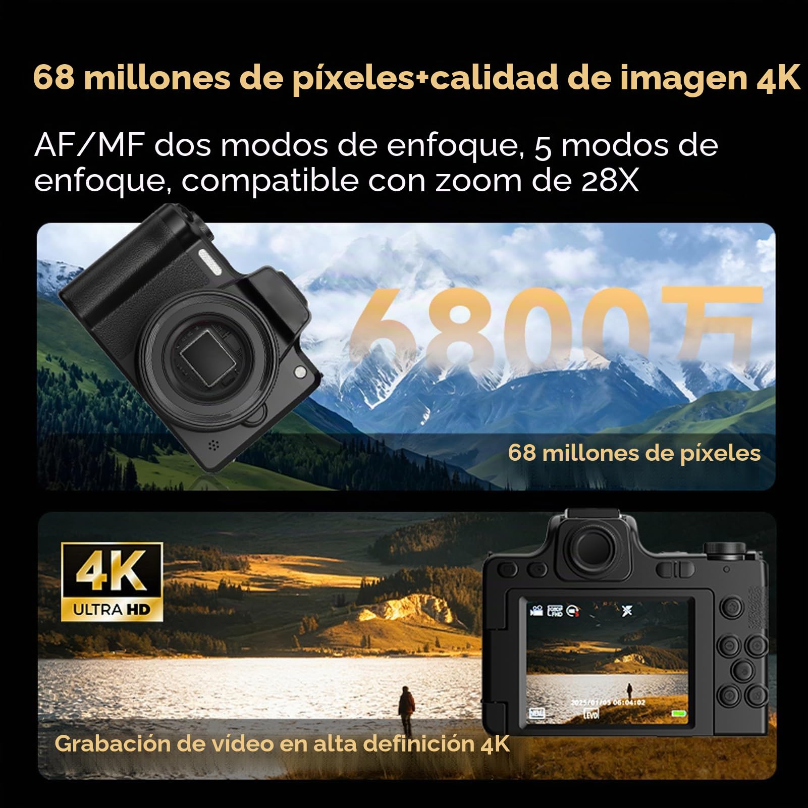Annadue Cámara Digital DSLR 4K para Fotografía, Cámara Vlogging de 68 MP con Pantalla Abatible de 2,8 Pulgadas, Zoom 28X, Enfoque Manual AF Autofocus MF, Videocámaras de Viaje