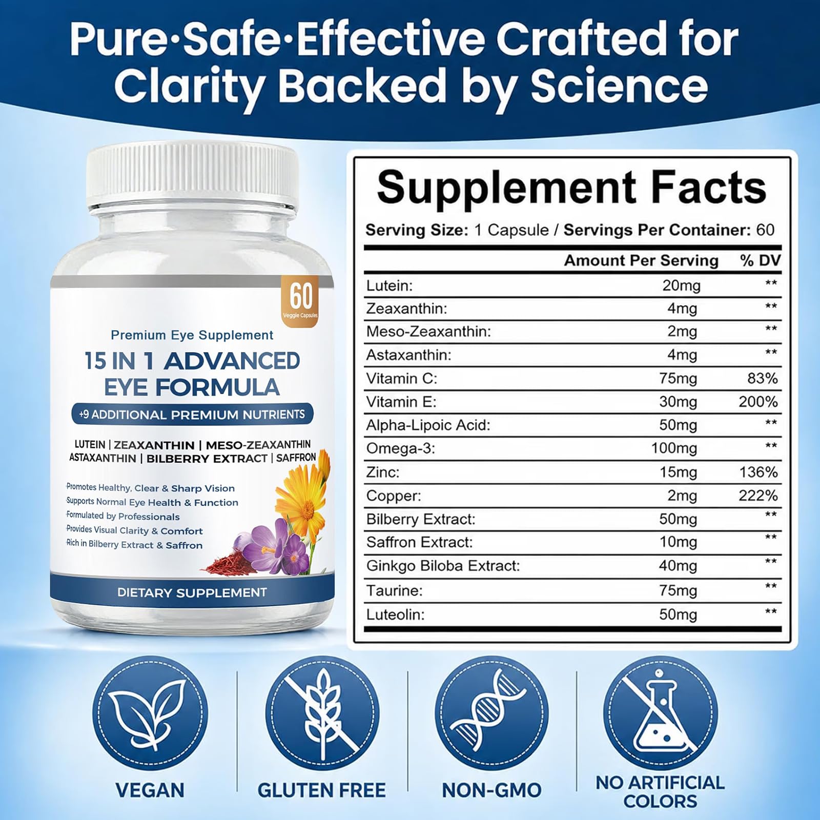 15 in 1 Advanced Eye Formula with All 3 Carotenoids, Lutein & Zeaxanthin, Saffron & Bilberry Extract 60 Count (Pack of 1) — Amazon image 7