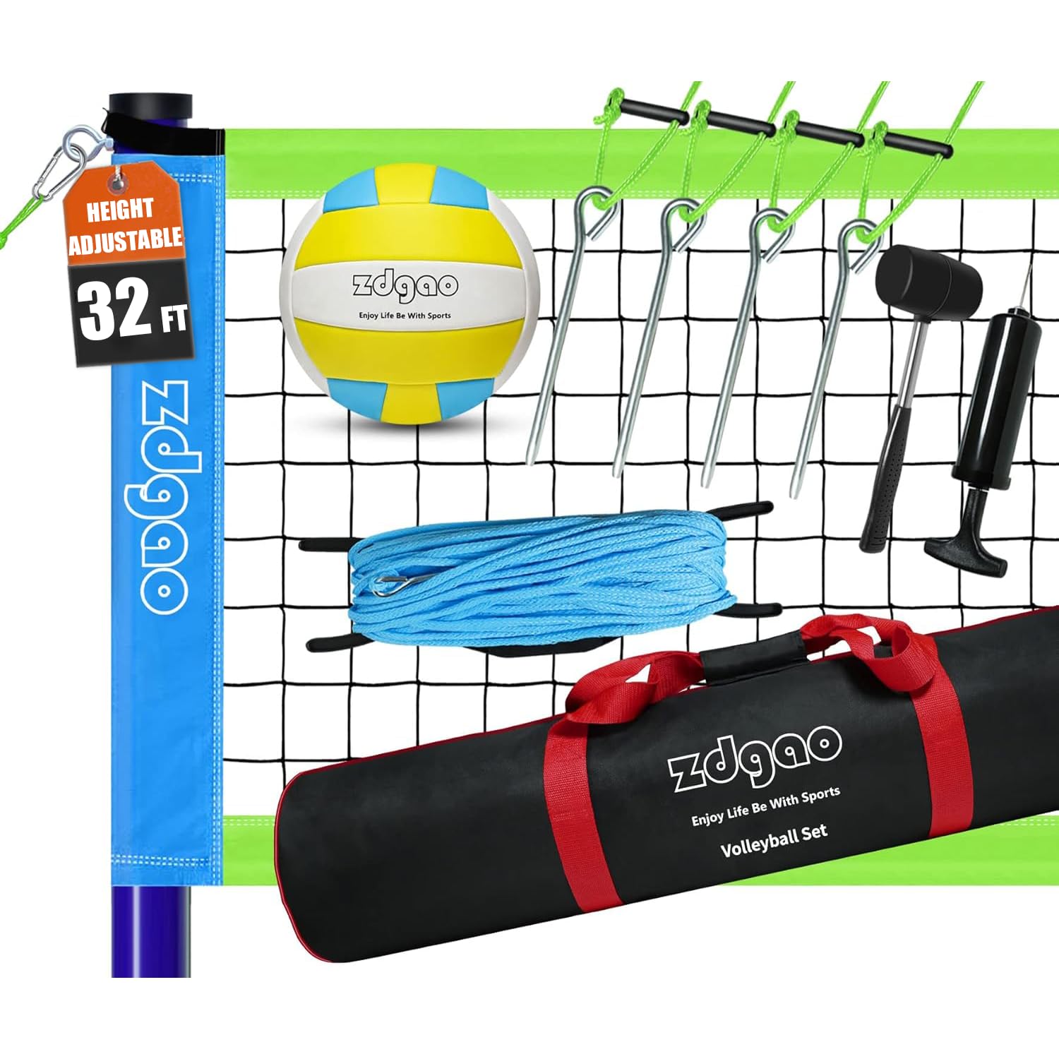 Outdoor Portable Volleyball Net System - Adjustable Height Poles with Soft Volleyball Ball, Pump, Hammer, Boundary Line, and Carry Bag for Backyard,
