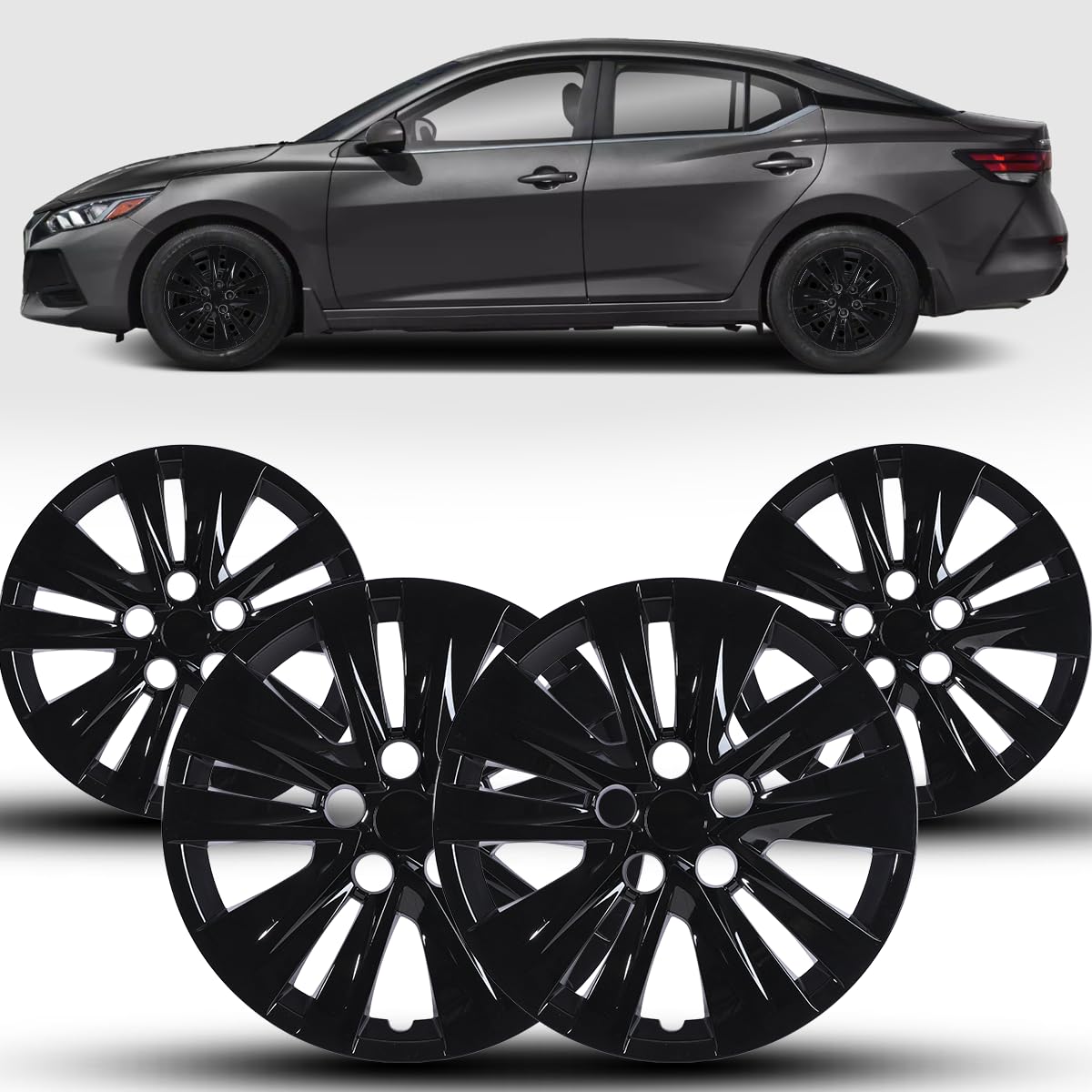 Winjet 16" Hubcaps Wheel Covers for 2020-2025 Nissan Sentra [2020 2021 2022 2023 2024 2025 2025 Nissan Sentra] Wheel Rim Covers Fit for Steel Wheels 16 inch Hub caps Set of 4 (Black Lacquer)