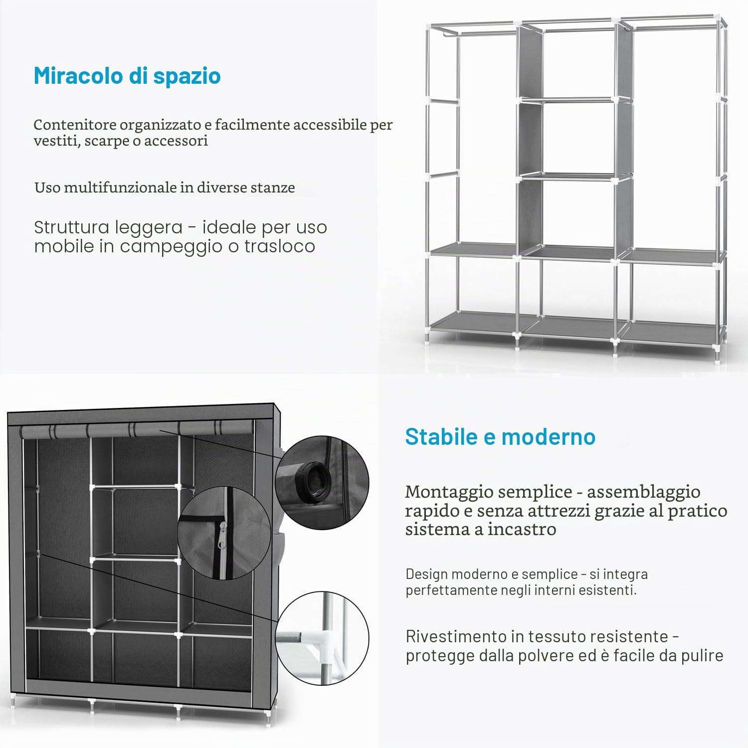 INTIRILIFE Armadio Guardaroba Pieghevole 130x175x45 cm in Grigio Cenere – Cabina Tessuto con Anta Richiudibile, Cerniera Zip e Appendiabiti – Camera da Letto Custodia de Campeggio