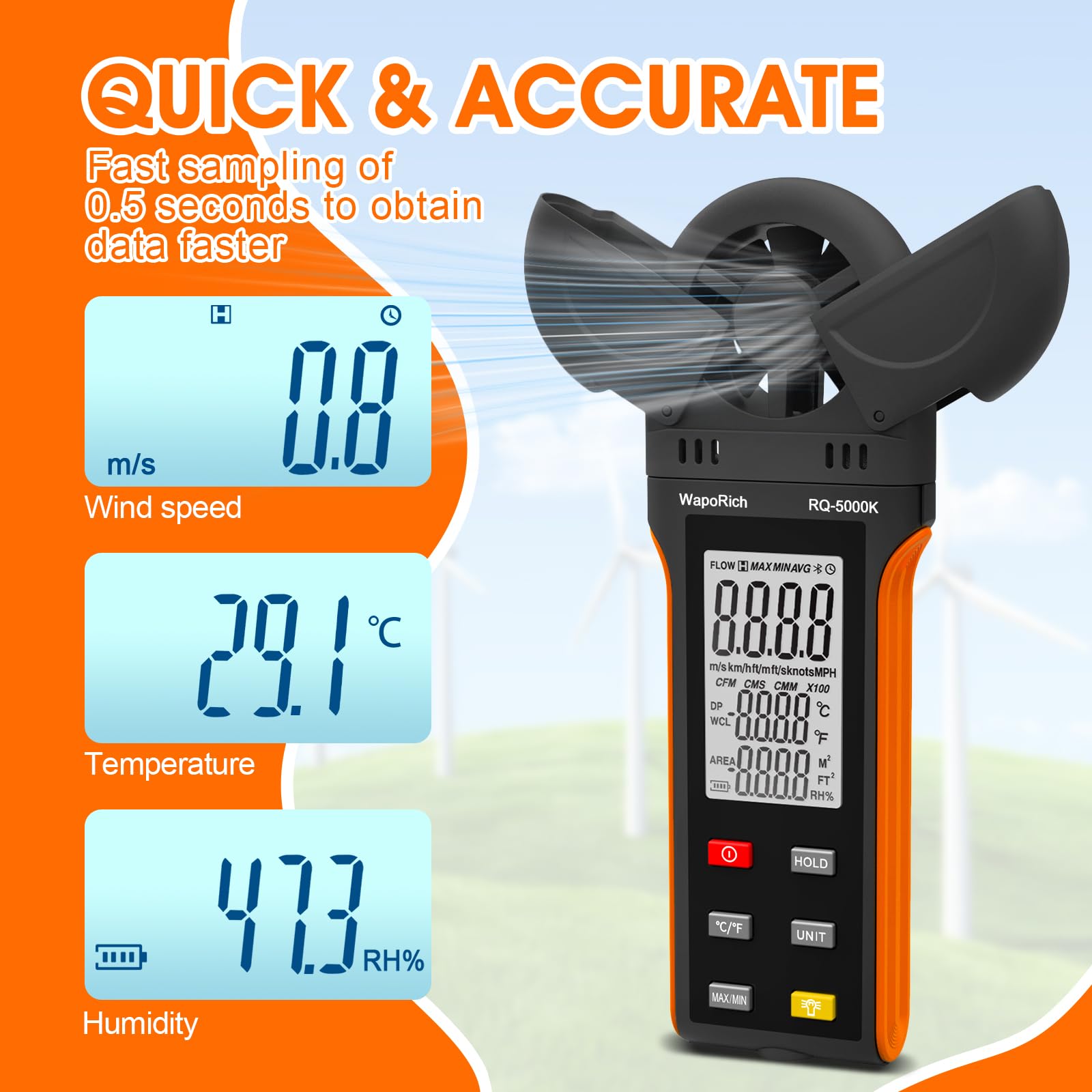 Anémomètre numérique WapoRich - Mesure de l'humidité / de la température / de la vitesse du vent avec MAX/MIN/AVG - Pour HVAC, voile, surf, drone - RQ-5000 K