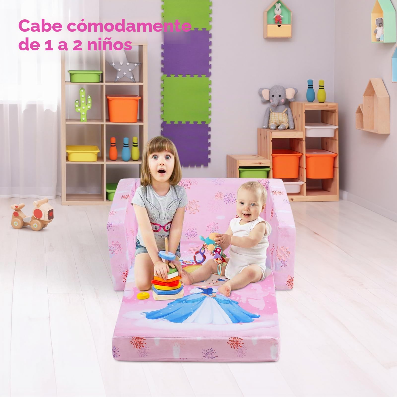 Sofás Plegables para niños Sillón con Respaldo Sillón 2 en 1, Sillón Infantil Cómoda Estable Ligero con Bolsillo de Tela, Sofá Cama Asiento para Bebé para Dormitorio Sala de Juegos, Castillo Princesa