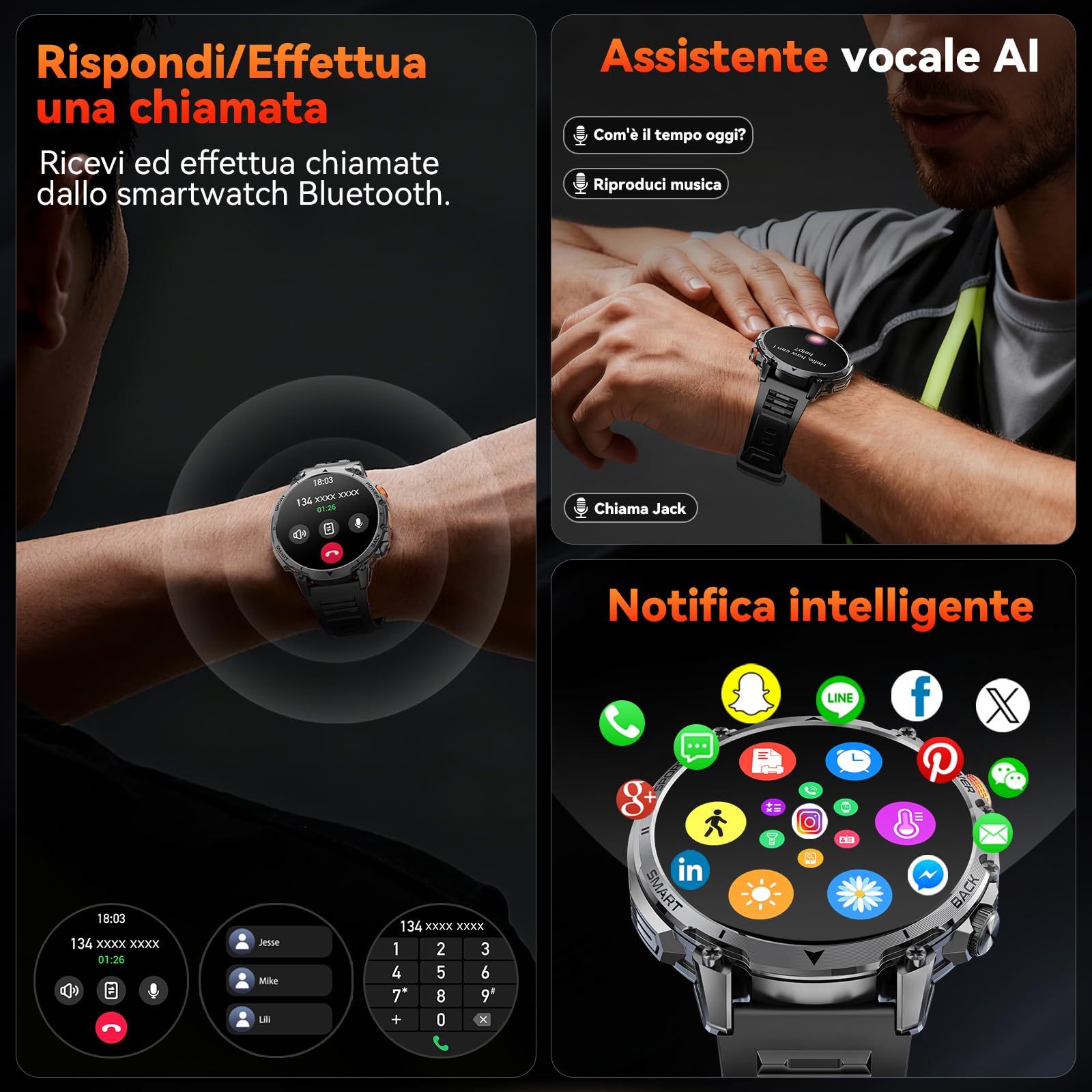 Smartwatch Uomo Militare, Batteria 1400 mAh, 1.7"HD Schermo, 2 Cinturini