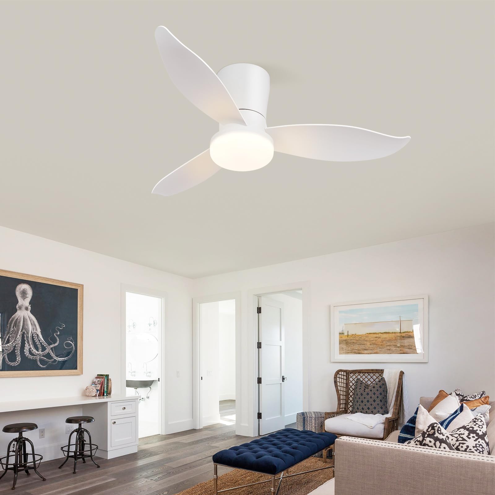 Homefire Ventilador de techo luz - Ventilador de techo silencioso de 3 aspas con luz, blanco, brillo ajustable, 6 velocidades, control remoto Lámpara de techo para dormitorio o cocina
