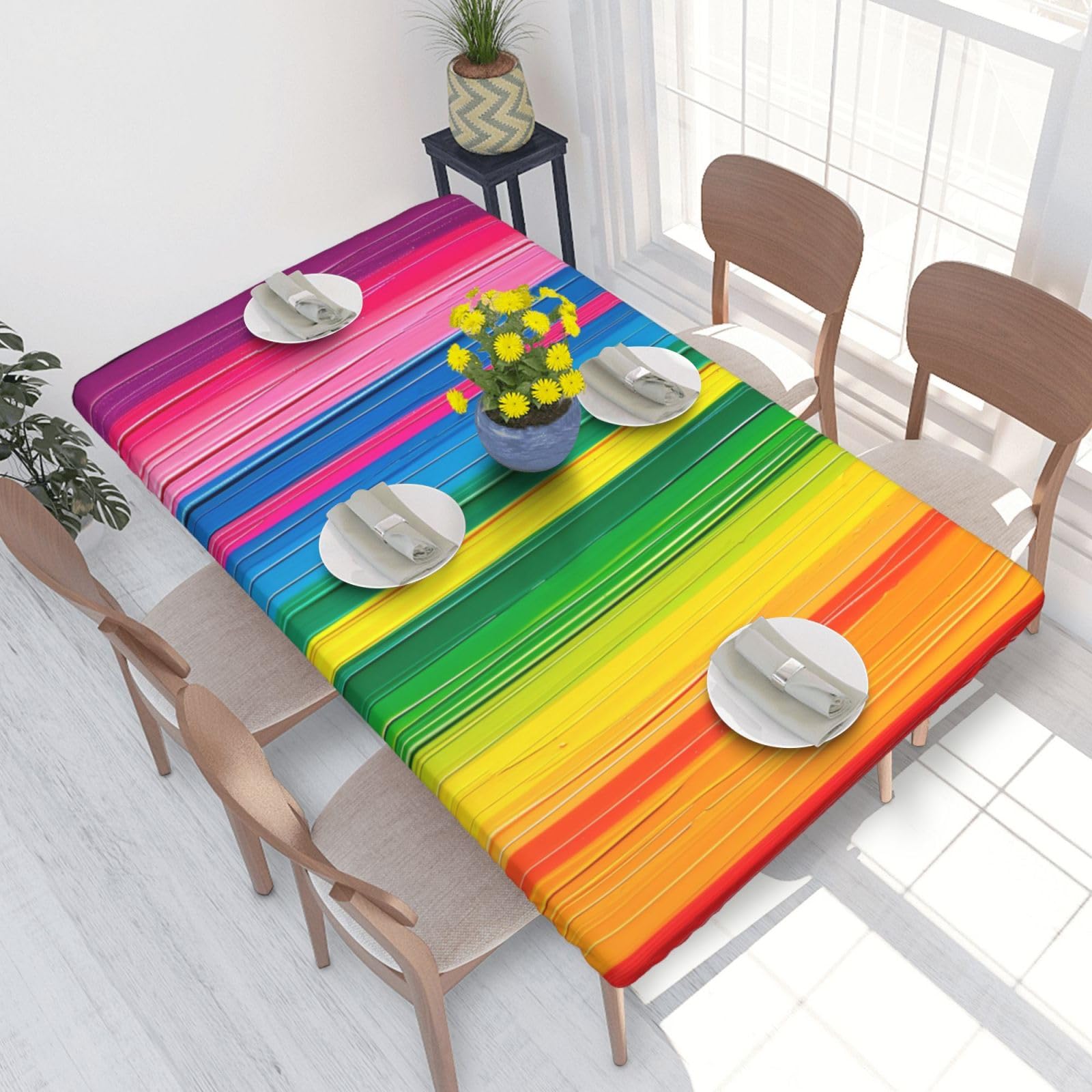 WPKJU Rainbow Color Stripe Printed Tablecloths 4ft Rectangular Table Covers Washable Polyester Decorative Table Cloth for Dining Table Picnic Wedding
