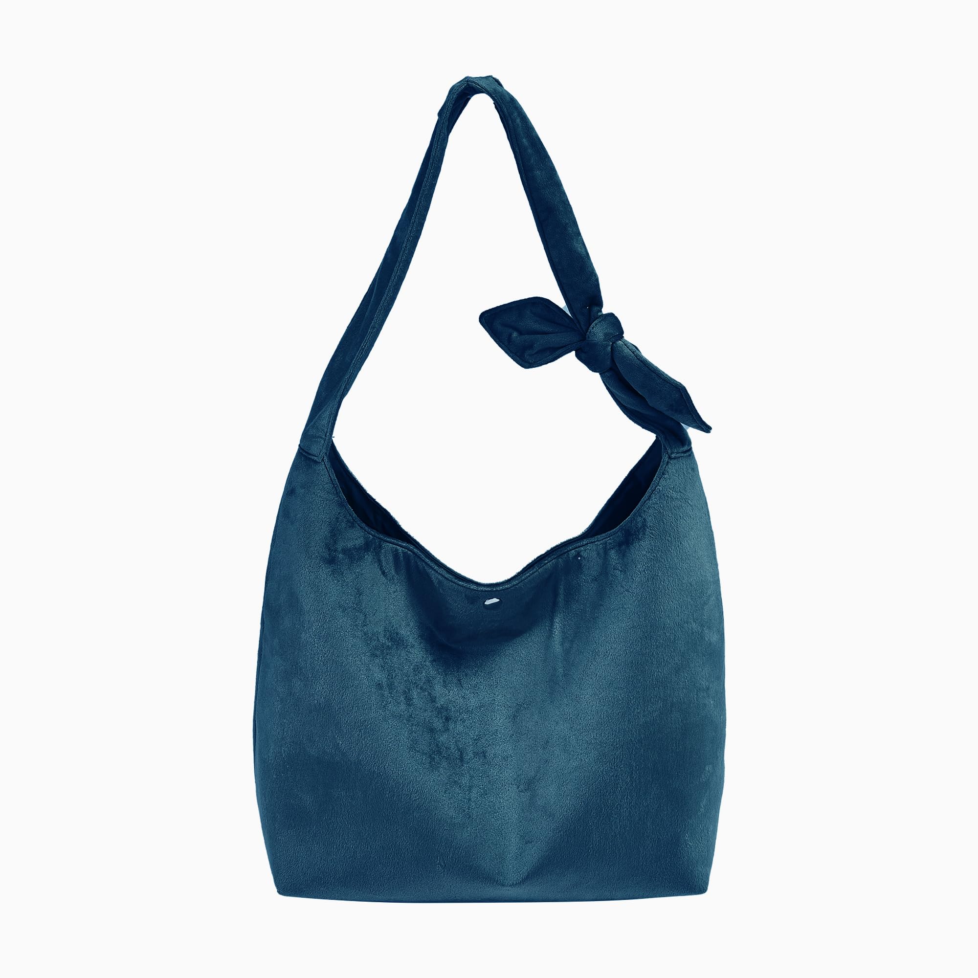 Lake Blue Hobo Velvet Tote Bag for Women Large Plushed Shoulder Bag with Bow Adjustable Buckle Closure for College Travel Brushed Lightweight Soft Handbag for Girls Gift