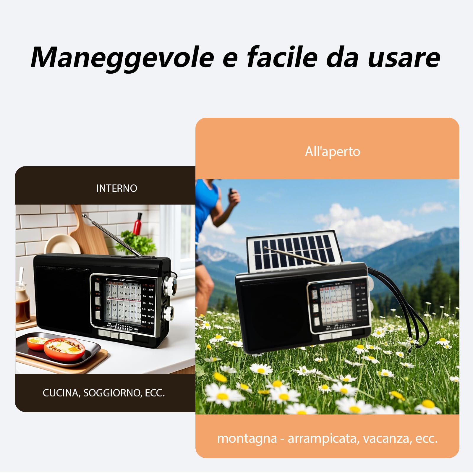 Radio Portatile con Pannello Solare e Batteria 1200mAh, Ricevitore AM/FM/SW1-6 con Altoparlante 8W/TWS/USB/TF, Torcia, Radio Bluetooth Ricaricabile per Camping, Emergenze, Esterno