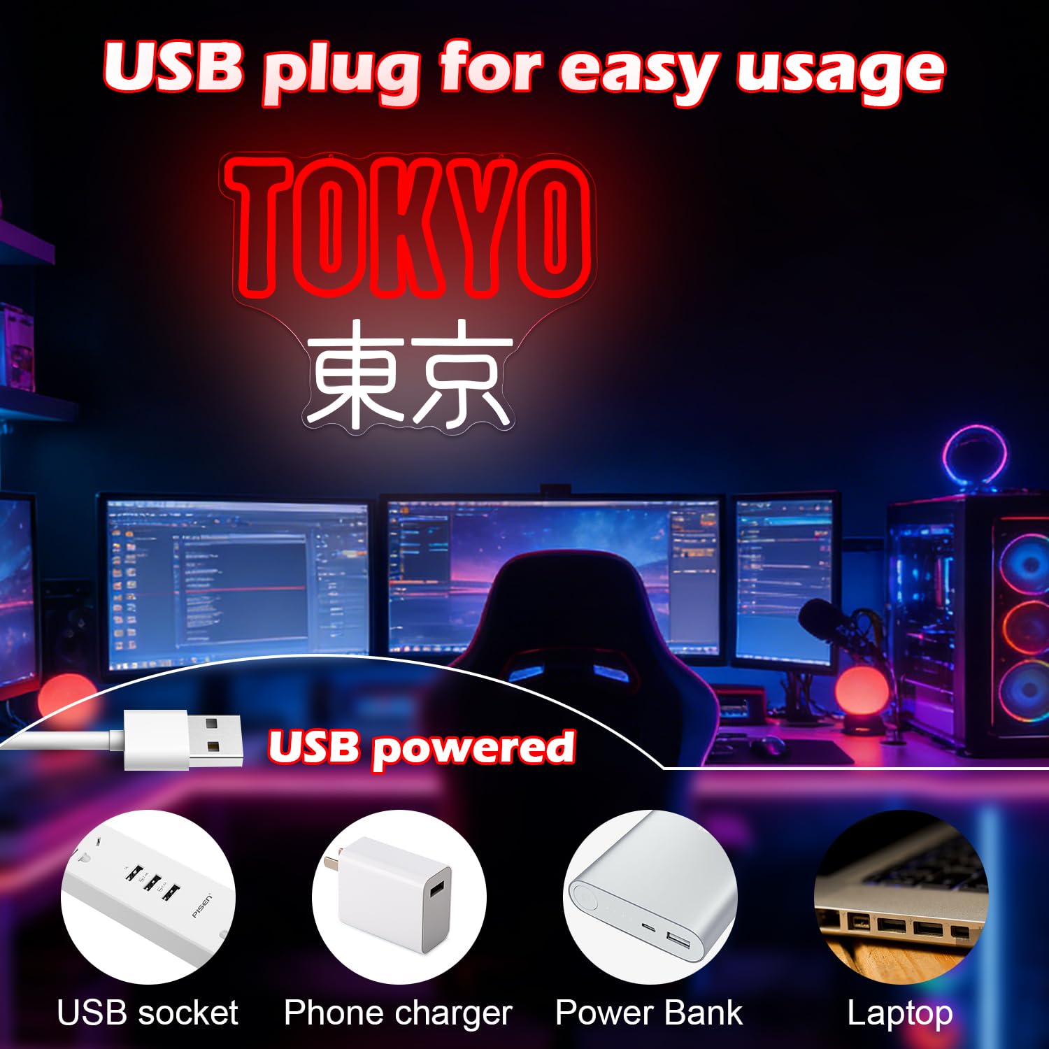 Tokyo Panneau néon japonais à LED pour salle de jeux alimenté par USB - Art japonais Kanji pour chambre à coucher, bar, grotte d'homme, cadeau pour amis