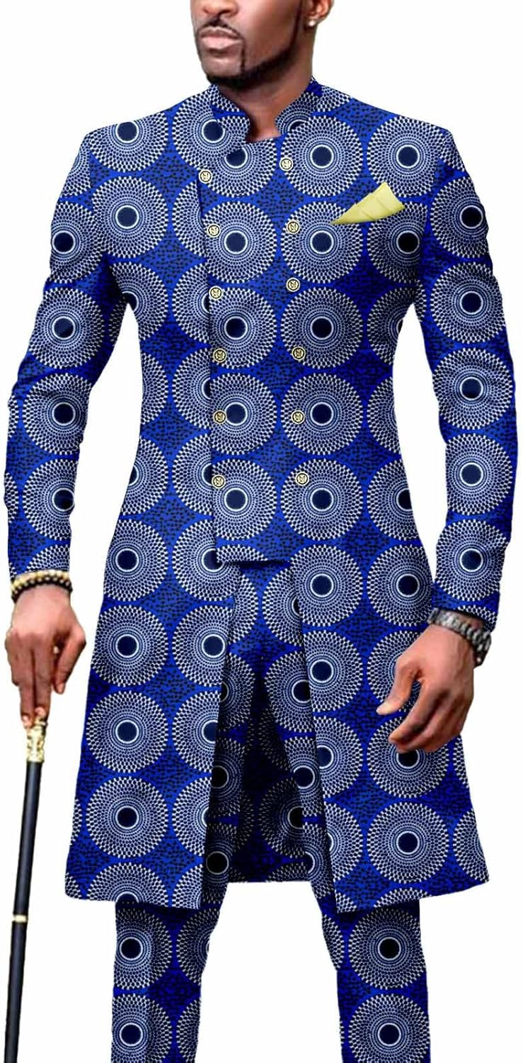 African Suit for Men Dashiki Long Jackets and Pants 2 Piece with Kerchief Double Breasted Slim Fit