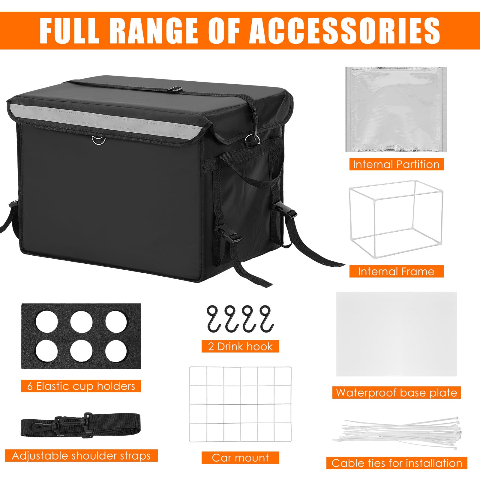 CroBlissful Bolsa de entrega de alimentos aislada para bicicleta, 19.7 x 15 x 15 pulgadas, caja de entrega de pizza de 62 litros con estante trasero, plegable, impermeable, apto para caja de pizza de