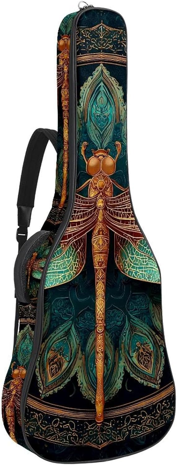 Acoustic Guitar Gig Bag 10mm Thick Padding, Soft Waterproof Guitar Case with Adjustable Backpack Straps for 40-42 Inch Guitar, Ethnic Golden Dragonfly Aesthetic Mandala Background