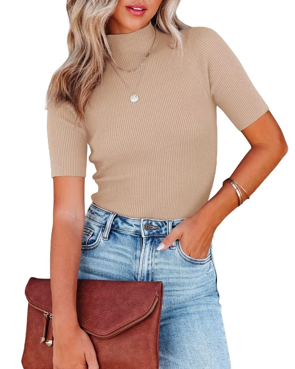 Lacozy Women's Mock Neck Short Sleeve Ribbed Knit Pullover Sweater Tops
