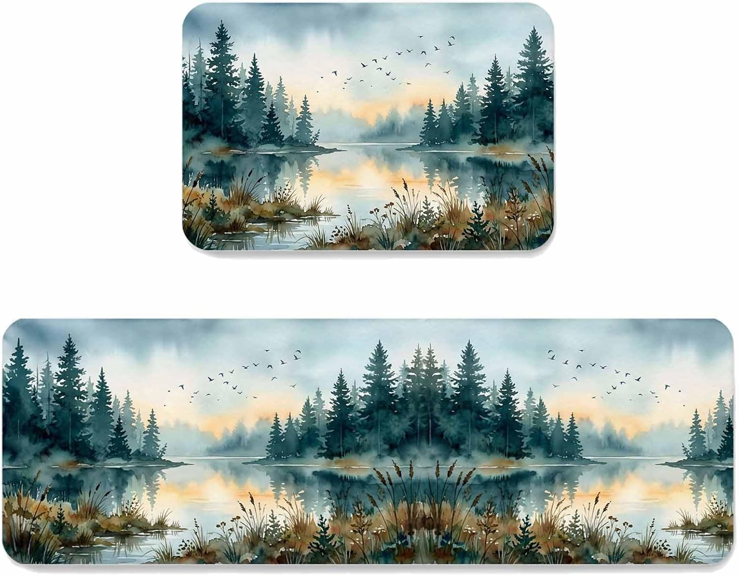 Prime Leader Dark Green Forest Kitchen Mat Set 2 Pieces Watercolor Bird Lake Natural Scenery Sunset Non Slip Kitchen Rugs Washable Runner Rug Mats for Sink Laundry (19.7" x 31.5"+19.7" x 47.2")
