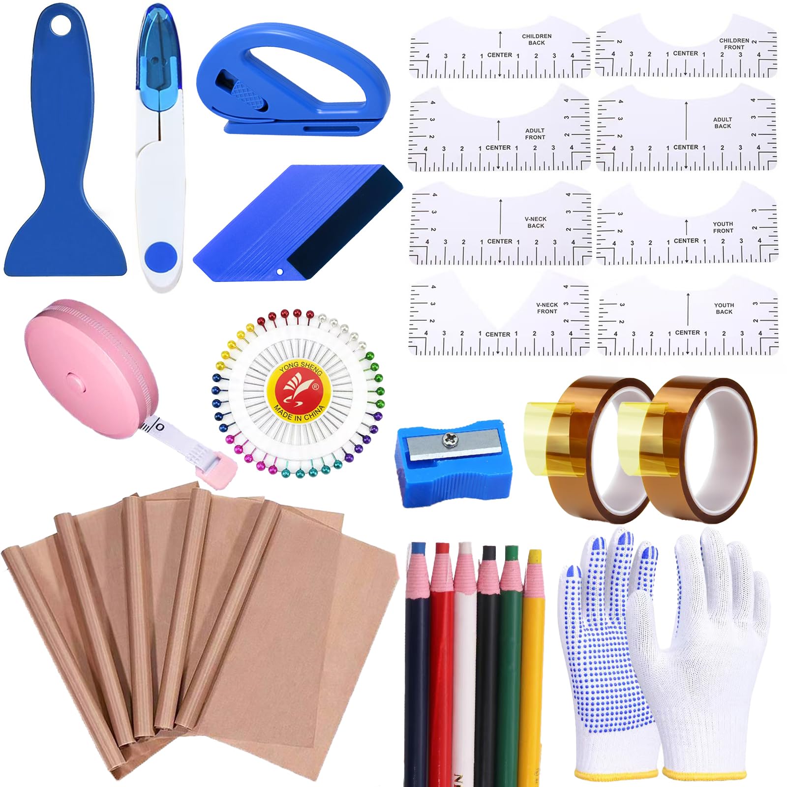 Kit de inicio de 30 piezas para prensas térmicas de camisetas, kits de herramientas para sublimación de camisetas con 5 hojas de teflón para prensas térmicas, 8 reglas para camisetas, guía para centrar vinilo, 2 rollos de cinta resistente al calor
