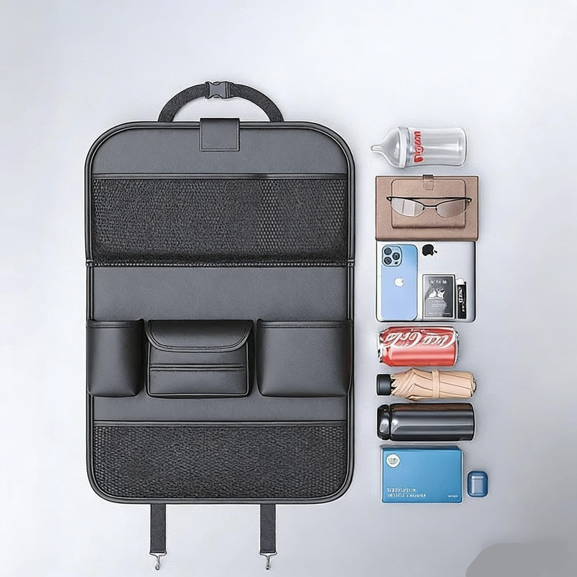 Organizador de asiento trasero de coche con mesa, bolsa de almacenamiento de piel sintética con bandeja plegable, organizador de asiento trasero multifunción para coche, camión, SUV (gris)