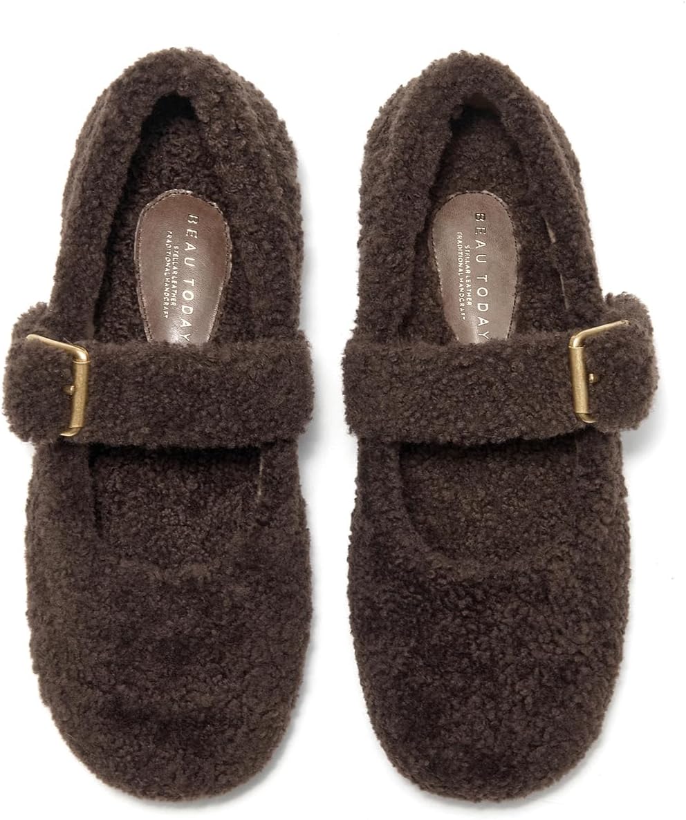 BEAU TODAY Womens Mary Jane Flats, Fur Lined Ballet Flats for Women, Supersoft Wool Mary Jane Shoes Warm Fashion Cute Flat Shoes