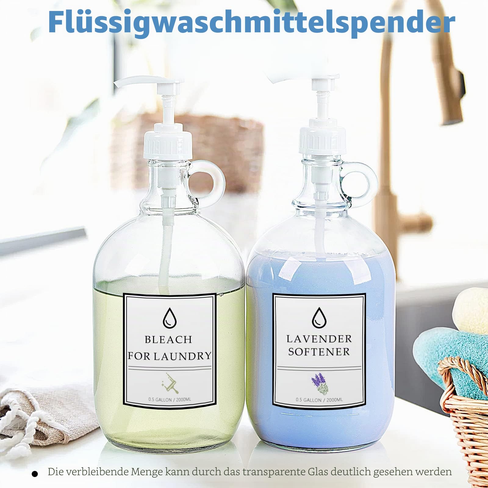 Sovietiep Waschmittelspender mit Pumpe und Deckel, 1,8 l, Glaspumpflasche für Waschseifenspender, Flüssigwaschmittel, Weichspüler-Spender, extra Etikett, Trichter, 2 Stück