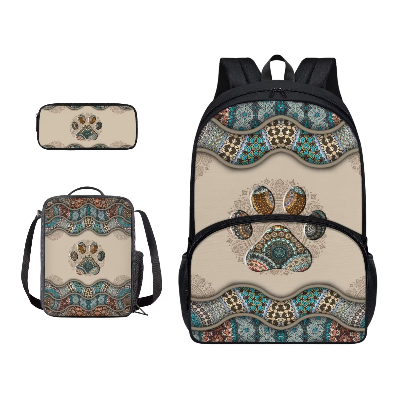 Poceacles Schultasche und Lunchbox-Set für Teenager, Jungen, Grundschule, Büchertasche, Federmäppchen für Grundschulkinder, Boho-Hundepfoten, Einheitsgröße
